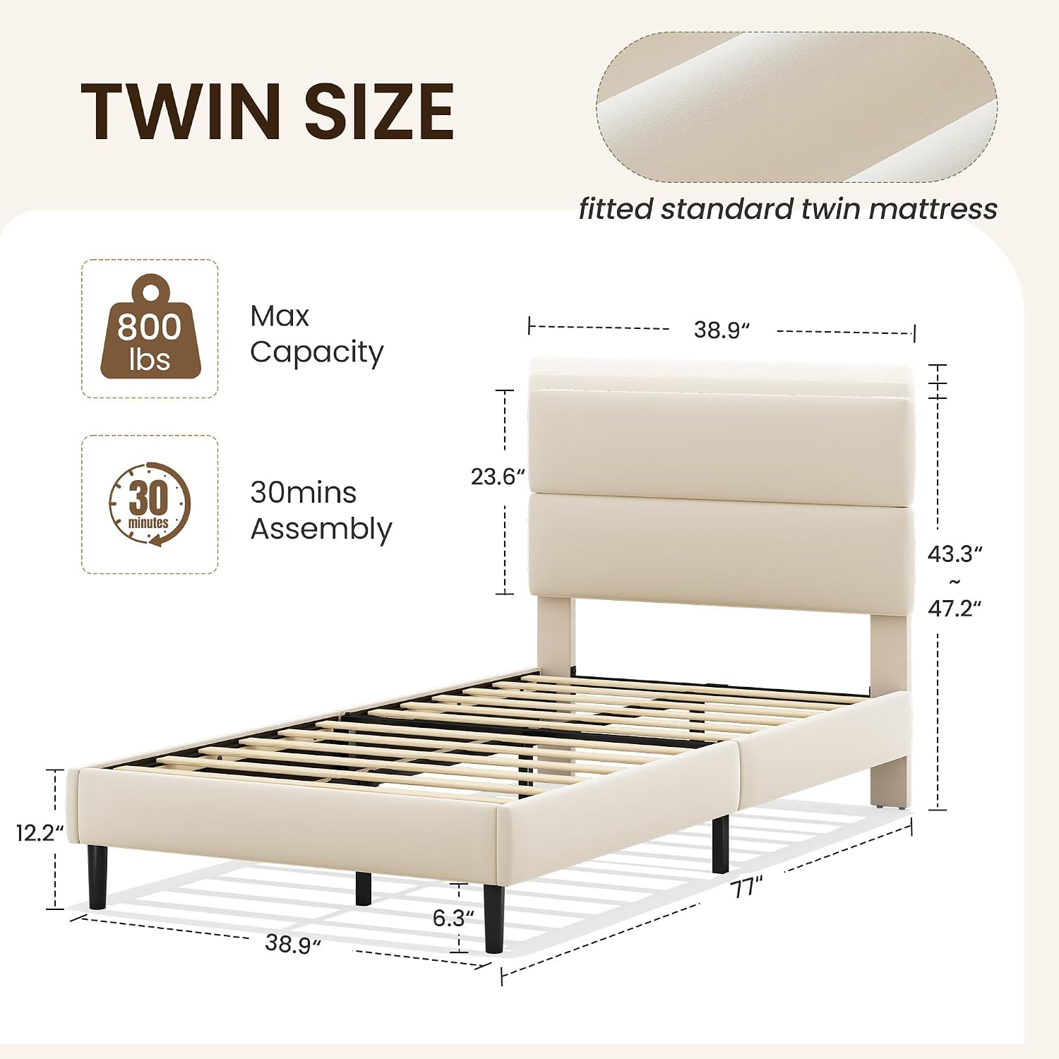 GRUSIGN Queen Size Platform Bed Frame with Velvet Headboard, Adjustable Height Wooden Slats Support, Upholstered Mattress Foundation, Fits Mattress or Mattress with Box Spring, Easy Assembly, Beige
