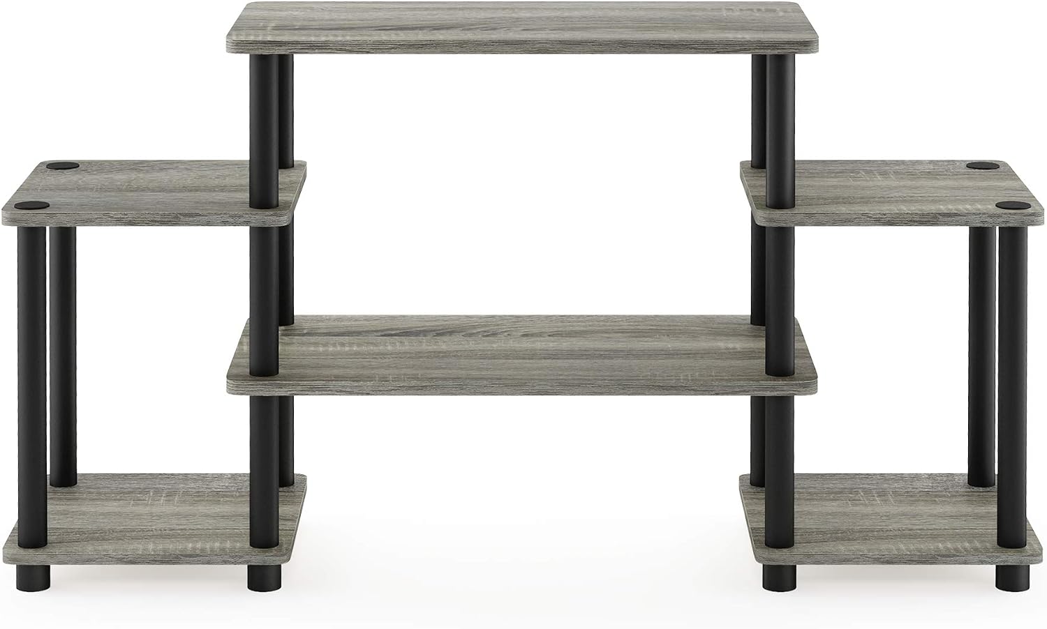 Furinno Turn-N-Tube No Tools Entertainment Center, Round Square Corner, French Oak Grey/Black | Raised Top, Open Shelves TV Console with for TV up to 32 Inch, for Living Room, Bedroom
