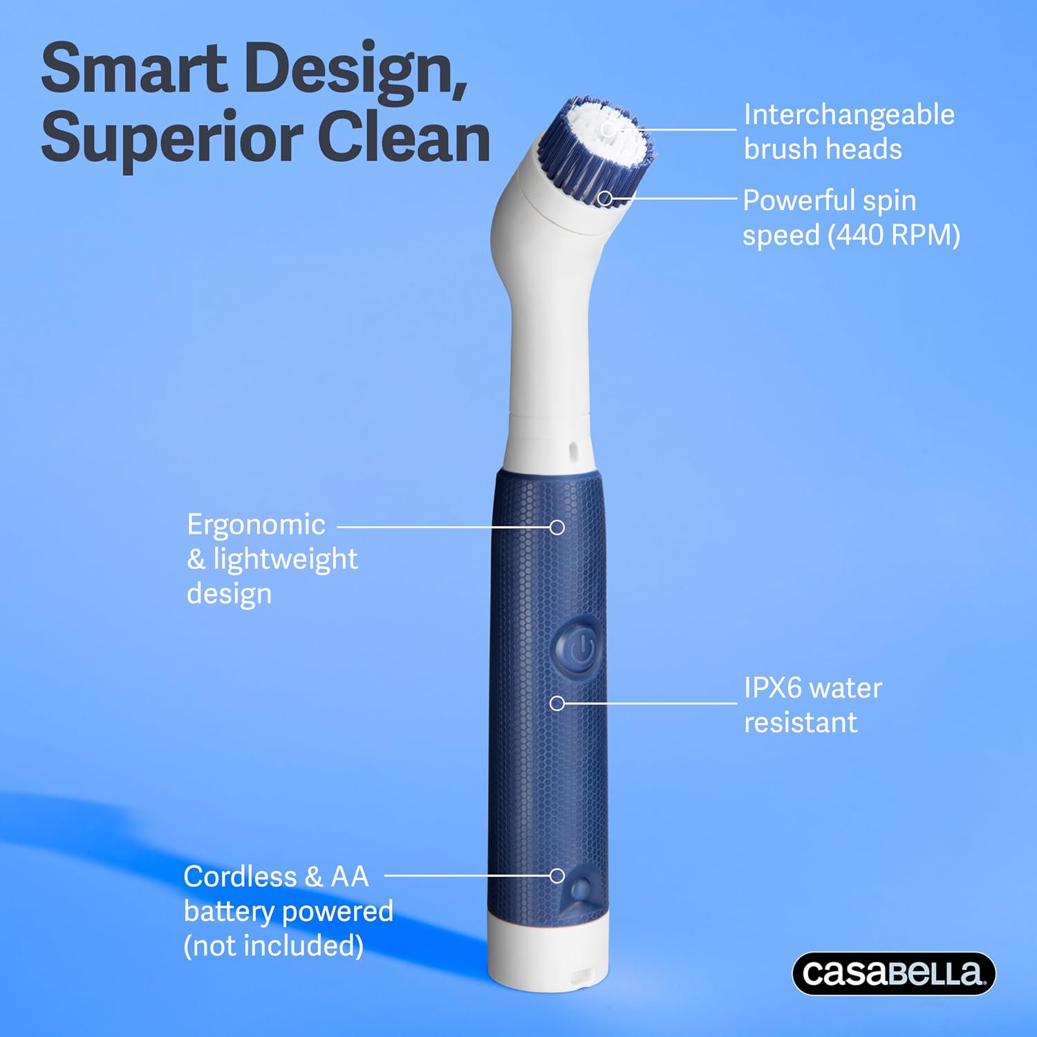 Casabella Power Spin Scrubber, Extendable to 47.5” – Cordless Electric Cleaner for Shower, Kitchen, Bathroom, Tile, Tub, Car, Deck - Rechargeable Spin Brush with Adjustable Brush Head & 4 Attachments