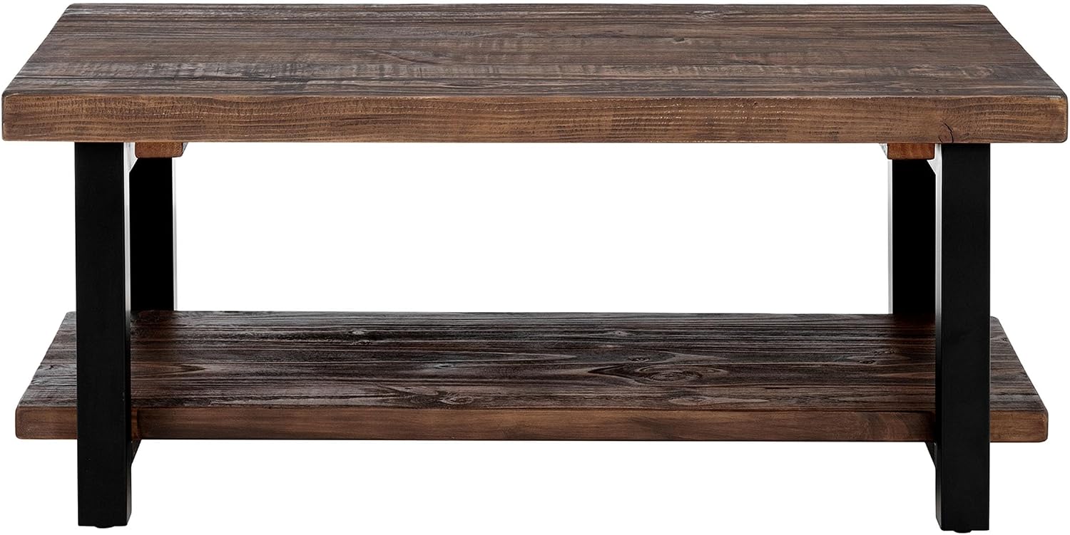 Alaterre Furniture Pomona Solid Wood 2-Tier End Table, Rustic Brown, 27” | Nightstand with Storage Shelf and Metal Legs, Industrial Farmhouse Chair Side Table for Living Room or Bedroom