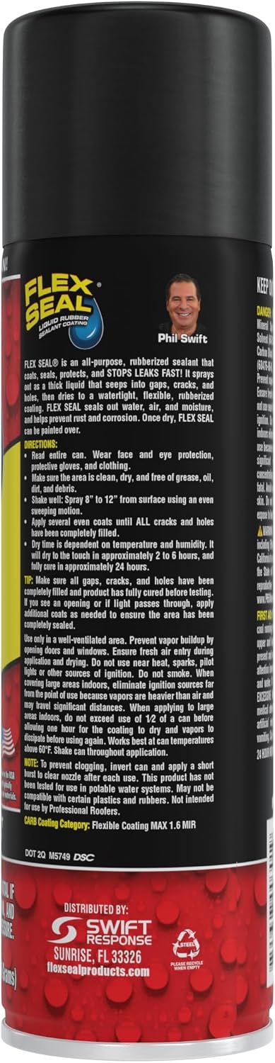 Flex Seal, 14 oz, Black, Stop Leaks Instantly, Waterproof Rubber Spray On Sealant Coating, Perfect for Gutters, Wood, RV, Campers, Roof Repair, Skylights, Windows, and More