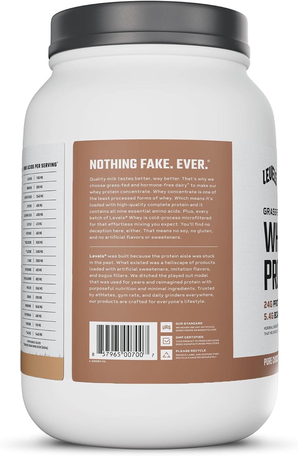Levels Whey Protein Powder, No Artificial Ingredients, Pure Chocolate, 5LB | 24G of Protein, 5.4G BCAAs, Clean Ingredients, Hormone Free Dairy, No Fillers, No Added Sugar, No Junk