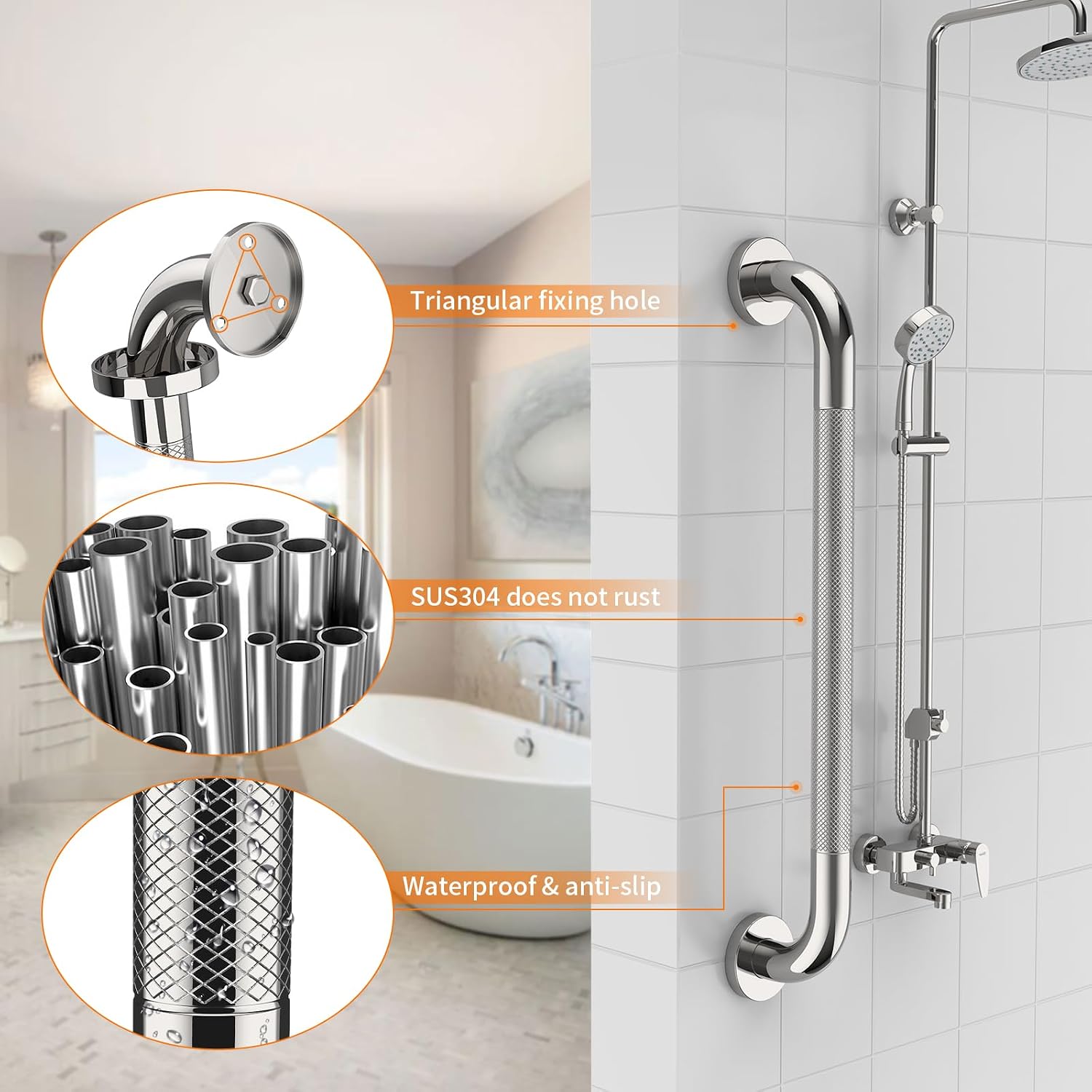 40 Inch Brushed Nickel Shower Grab Bar Anti-Slip Knurled Grip,Safety Handle | YuanDe 1.25" Diameter Stainless Steel Bathroom Grab Bars, Handicap Injury Elderly Senior Assist Support Shower Handle-2Packs