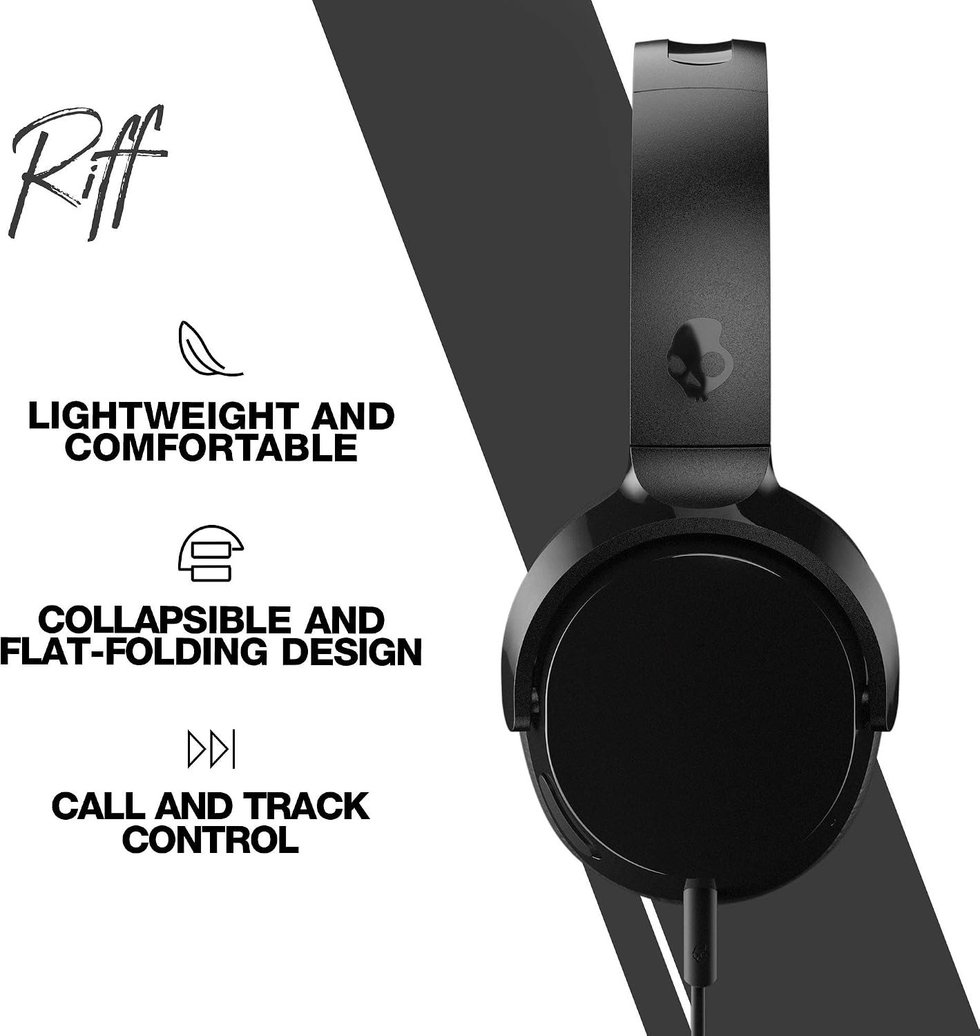 Skullcandy Riff On-Ear Wired Headphones with 3.5mm AUX Plug - Black | Travel Ready with 3.5mm Wired Connection, Built-In Microphone, Foldable Lightweight Comfortable Design, Durable Headband