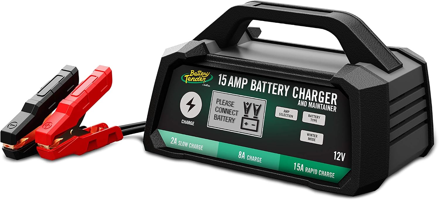 Battery Tender 15 AMP Battery Charger and Maintainer - 12V Switchable 15 AMP / 8 AMP / 2 AMP - Selectable Chemistry Standard AGM Gel - LCD Display