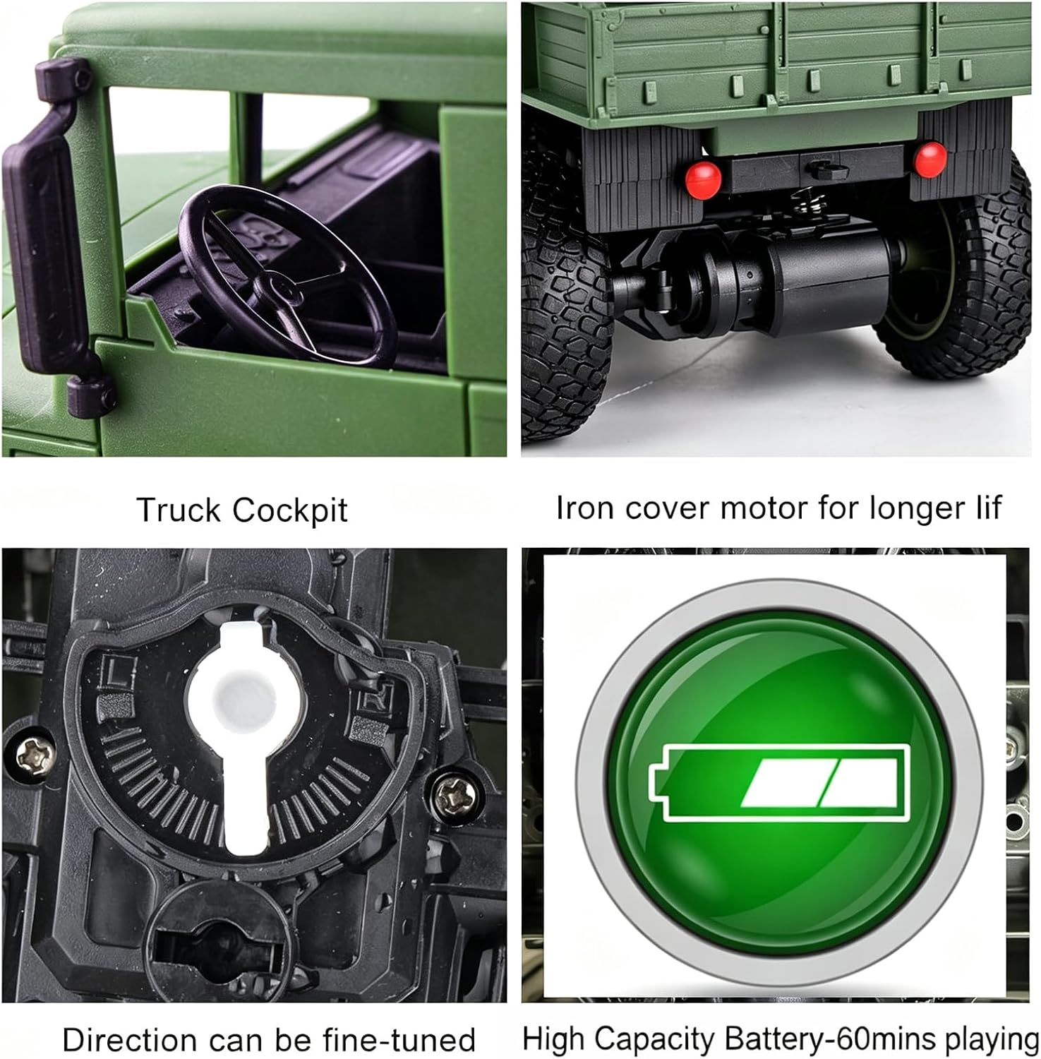 XINGRUI 1:18 RC Military Truck, 50 Min Playtime Remote Control Car, 2.4Ghz 4WD Off-Road Vehicle, All Terrain Toy with LED Lights, Gift for Boys Girls Ages 6+
