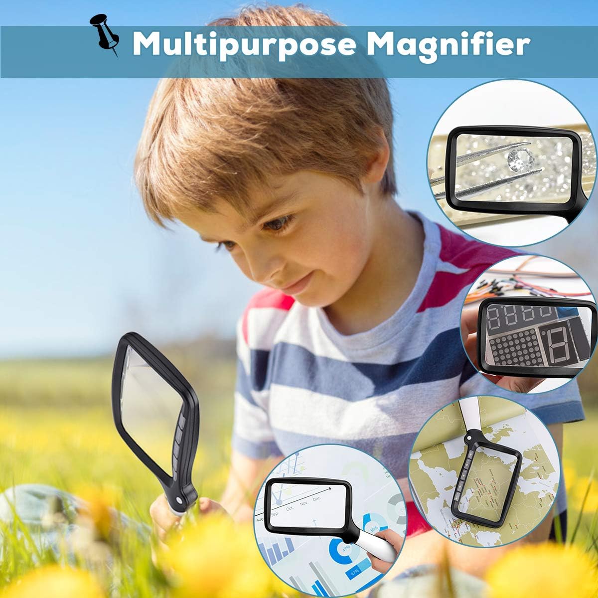Folding Handheld Magnifying Glass with Light, 5X Large Rectangle Reading Magnifier with Dimmable LED for Seniors with Macular Degeneration, Newspaper