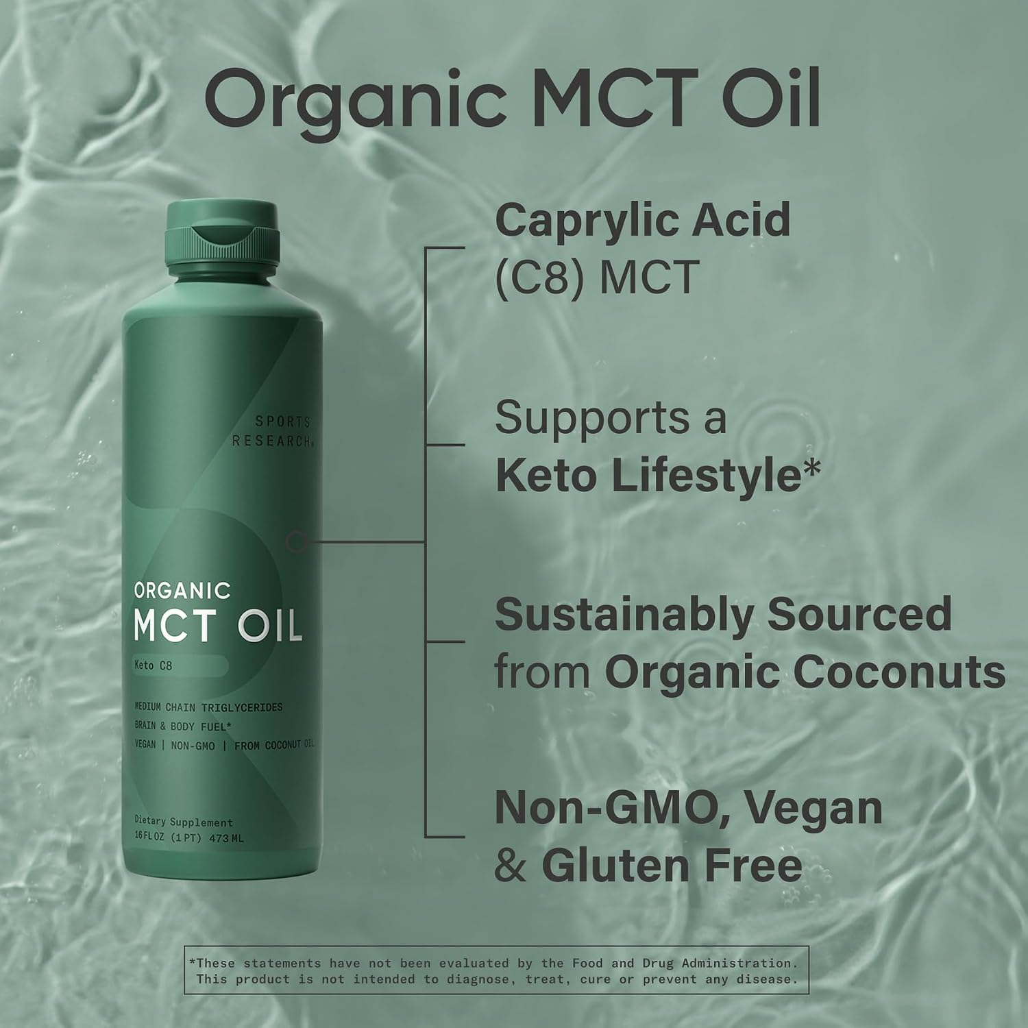 Sports Research® Organic Coconut MCT Oil 32oz, Unflavored | Brain & Body Fuel | Great in Keto Coffee & Protein Shakes | Vegan, Keto, Non-GMO - 63 Servings