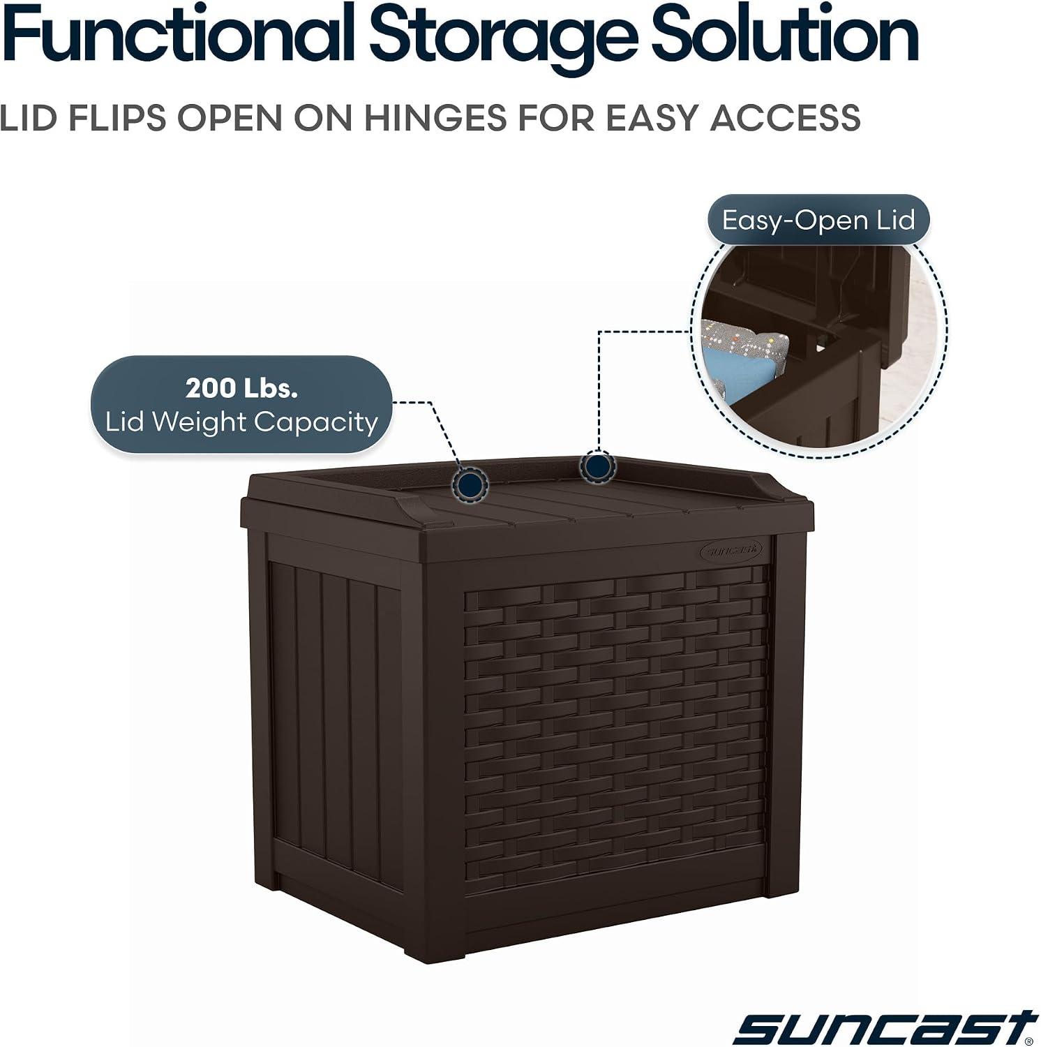 Suncast Outdoor Deck Box - 22 Gallon Java Resin Outdoor Storage Box, Weatherproof Patio Storage Bin Container for Seating & Organizing Cushions