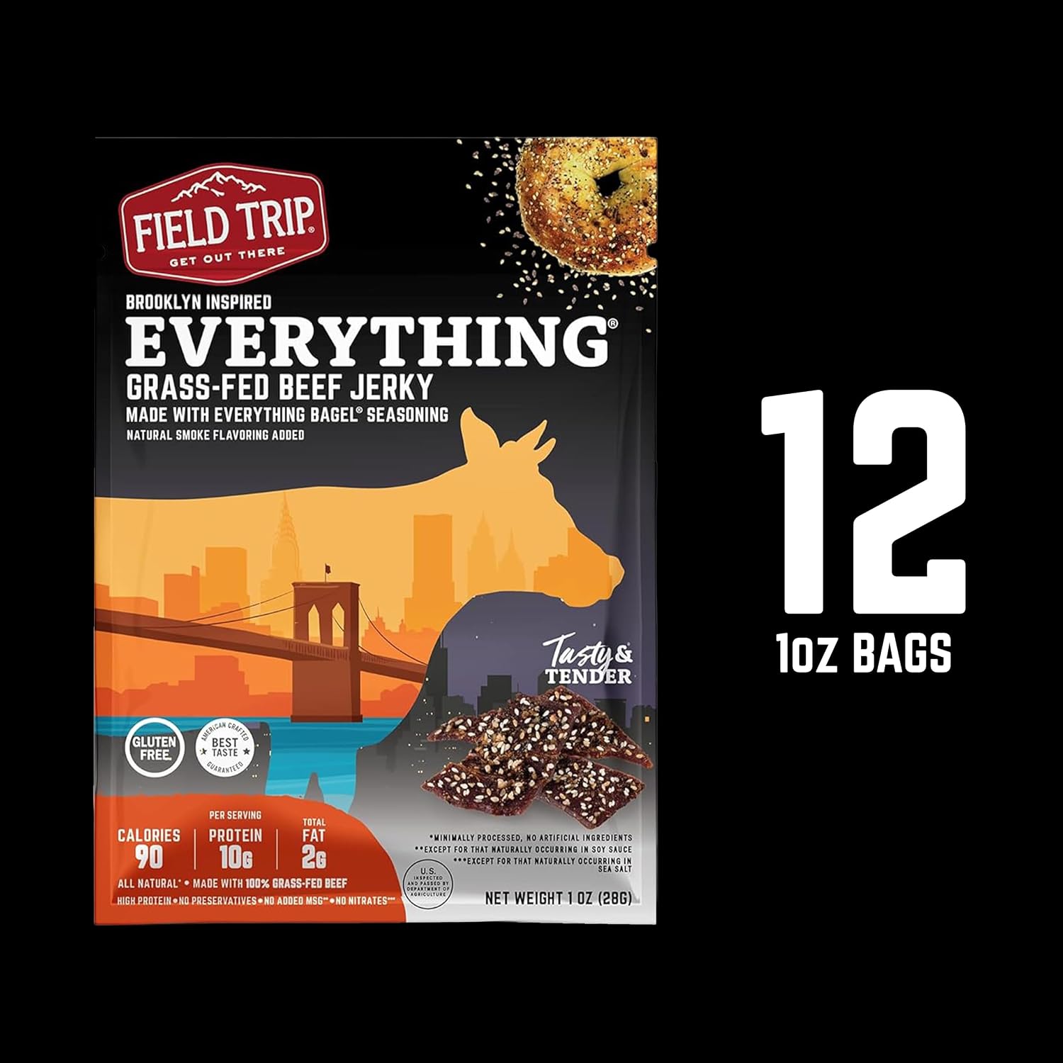 Field Trip Beef Jerky, Original, 1 Oz Bag, 12 Bags/carton | Grass Fed Beef Jerky, Healthy Gluten Free Snacks, All Natural, Paleo-Friendly Beef Jerky, High Protein, Low Carb, No Nitrates