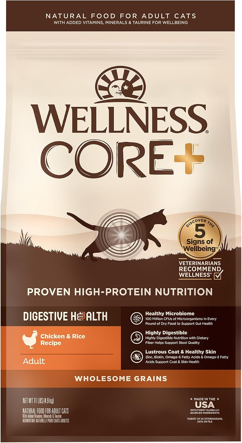Wellness CORE+ Adult Dry Cat Food, Natural, Wholesome Grains Kibble, Digestive Health Chicken and Rice Recipe, 5 lb Bag