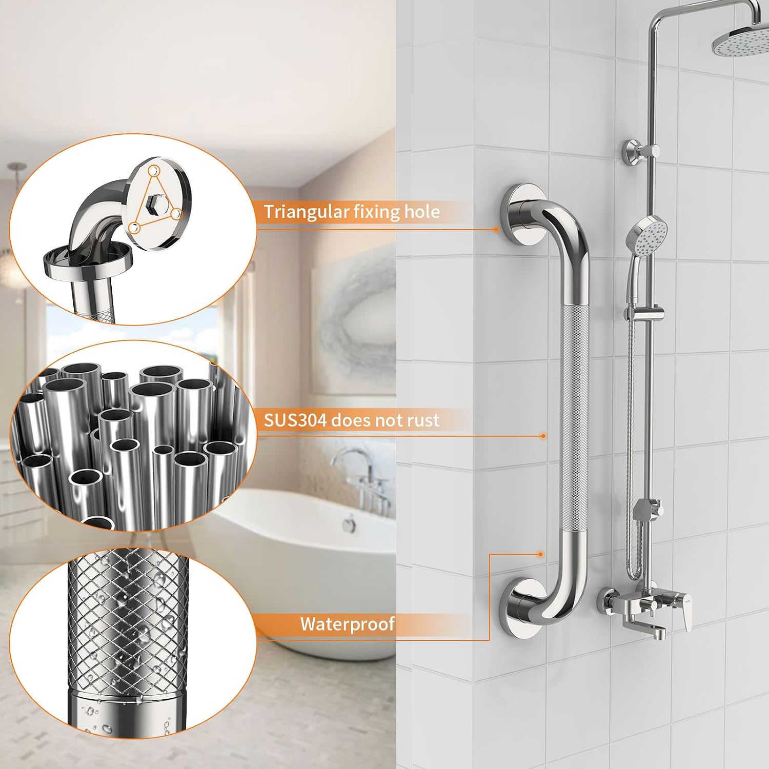 40 Inch Brushed Nickel Shower Grab Bar Anti-Slip Knurled Grip,Safety Handle | YuanDe 1.25" Diameter Stainless Steel Bathroom Grab Bars, Handicap Injury Elderly Senior Assist Support Shower Handle-2Packs