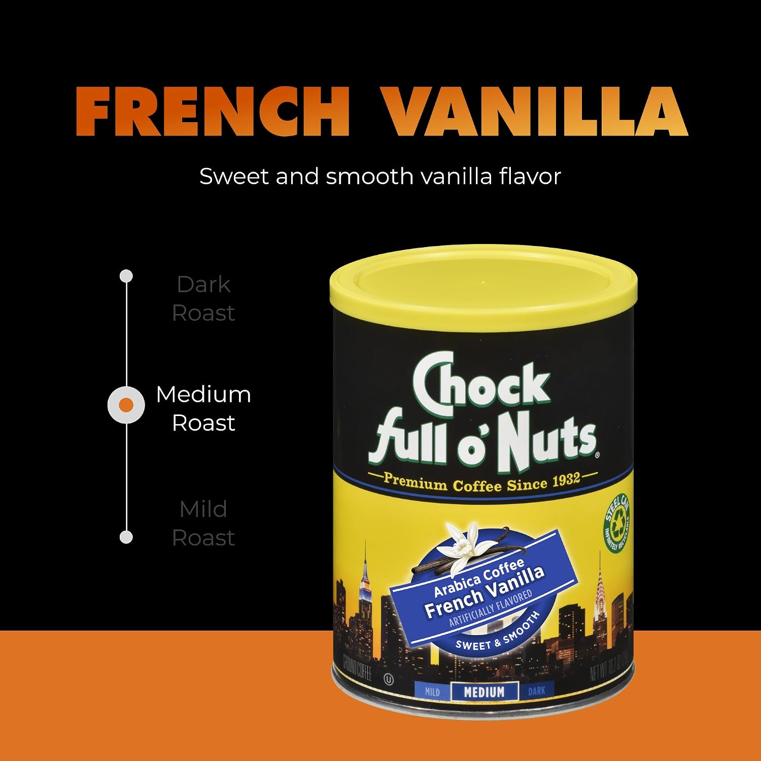 Chock Full o' Nuts French Roast Ground Coffee – Premium Beans in Recyclable Steel Can – Rich Flavor & Aroma, Dark Roast – Perfect for Drip, Pour-Over, Percolator – 26 Oz Can