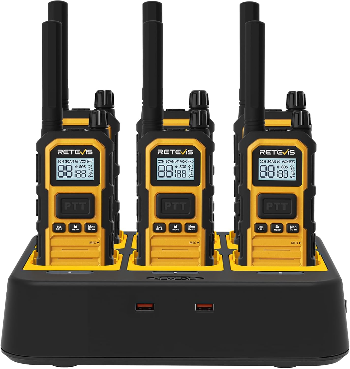 Retevis RB48 Plus Waterproof Walkie Talkies Long Range,GMRS Radios (6 Pack) | with 6-Way Charger,Heavy Duty,Rechargeable Two Way Radios,Connected Repeater,Dustproof,Shock Resistant,NOAA,Emergency Radios