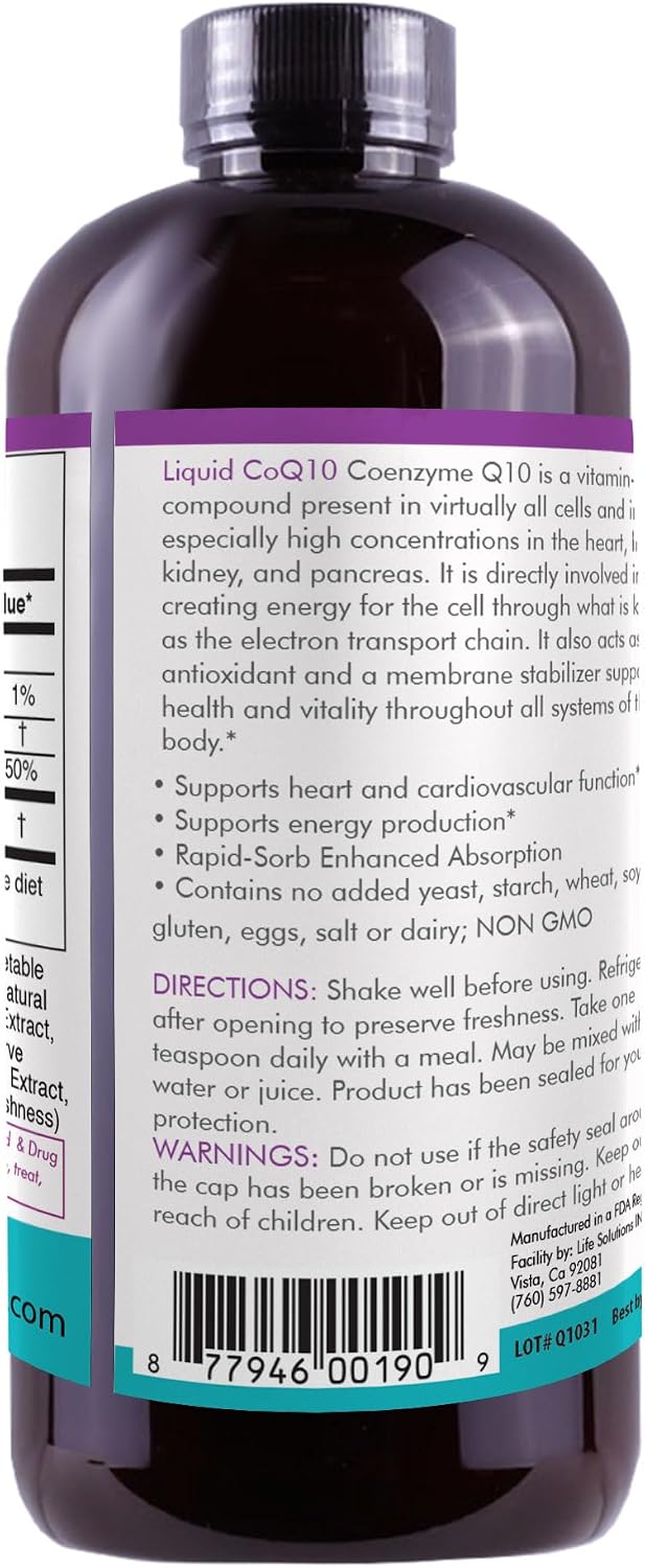 Life Solutions Liquid CoQ10 Supplement, 50 mg, 4 oz Bottle | High Absorption, Coenzyme Q10, per Serving, Energy, Heart Health, Antioxidant Support