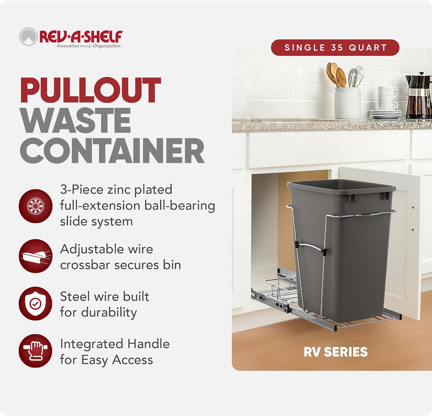 Rev-A-Shelf Pullout Trash Can for Kitchen Cabinets, Black Waste Bin, 35 Qt | Large Capacity Garbage/ Recycling Waste Container, Heavy Gauge Metal Wire Construction w/Full Extension Slides, RV-12KD-18C S