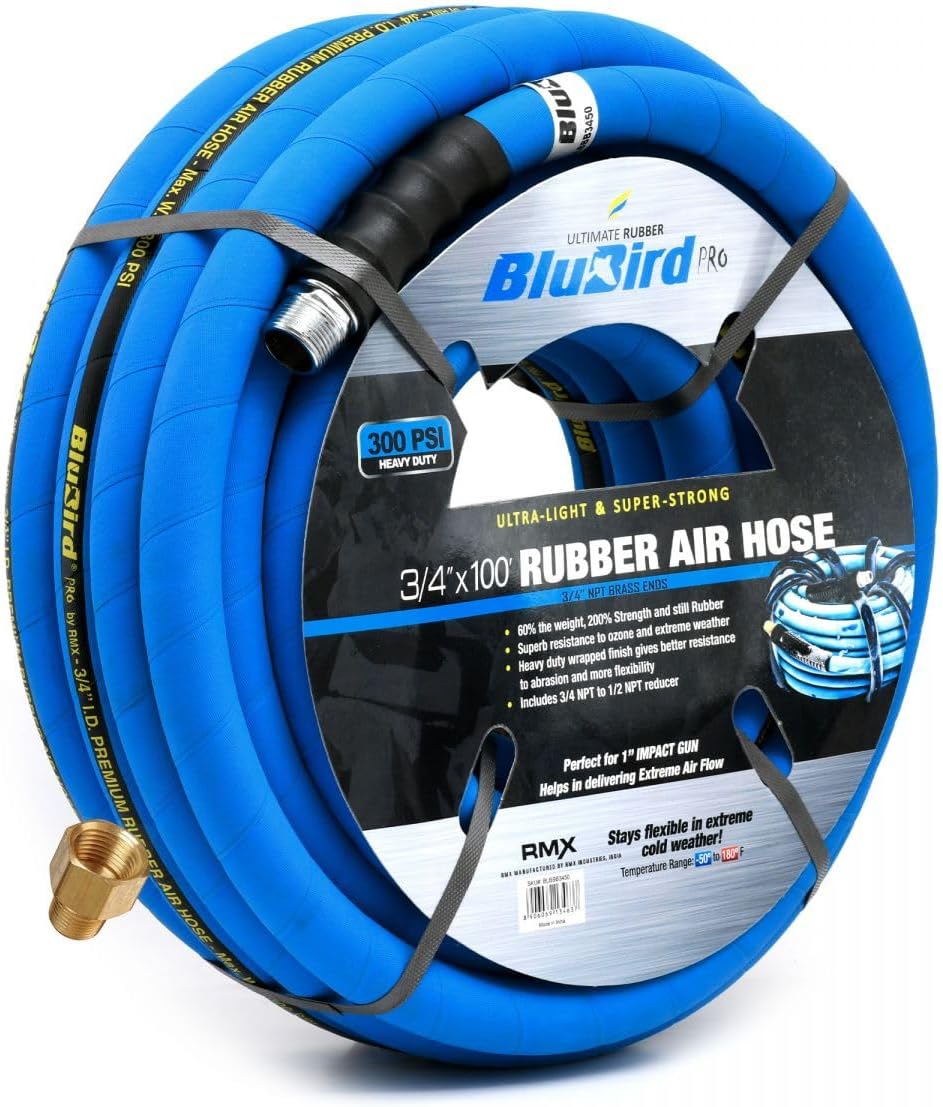 BLUBIRD BB3450 3/4" x 50' Rubber Air Hose, 100% Rubber, Lightest, Strongest, Most Flexible, 300 PSI, 50F to 190F Degrees, Ozone Resistant, High Strength Polyester Braided | Heavy Duty Reinforced Air Hose With 300 PSI Rating, Flexible Design, Kink Resista…