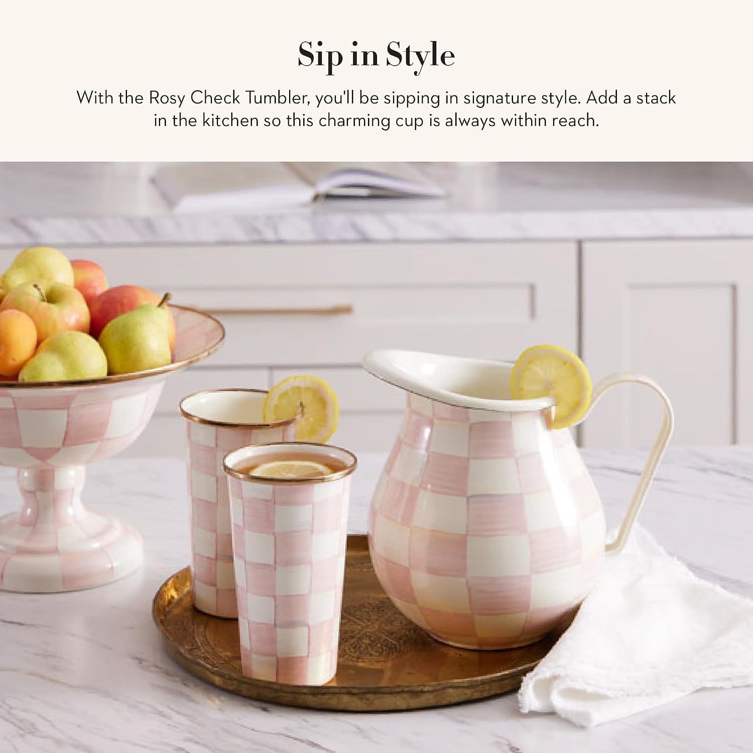 MACKENZIE-CHILDS Enamel Tumbler, Black-and-White Courtly Check | Hand-painted design, elegant drinkware with gold rim, 2.75" dia. x 4.5" H, 10-ounce capacity