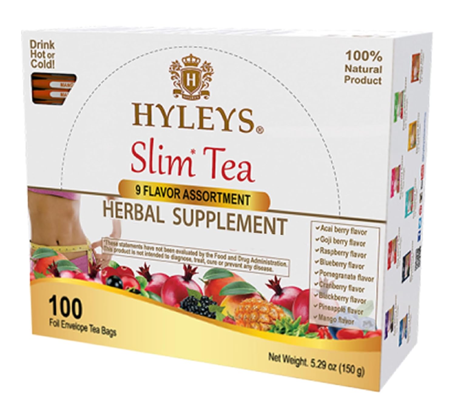 HYLEYS Slim Tea Goji Berry, Weight Loss Detox, Slimming Diet Tea, 25 Bags | Green Tea, Senna Detox & Cleanse, 3 Natural Ingredients, No Added Sugar, 1-Step Bedtime Routine, Supports Digestion