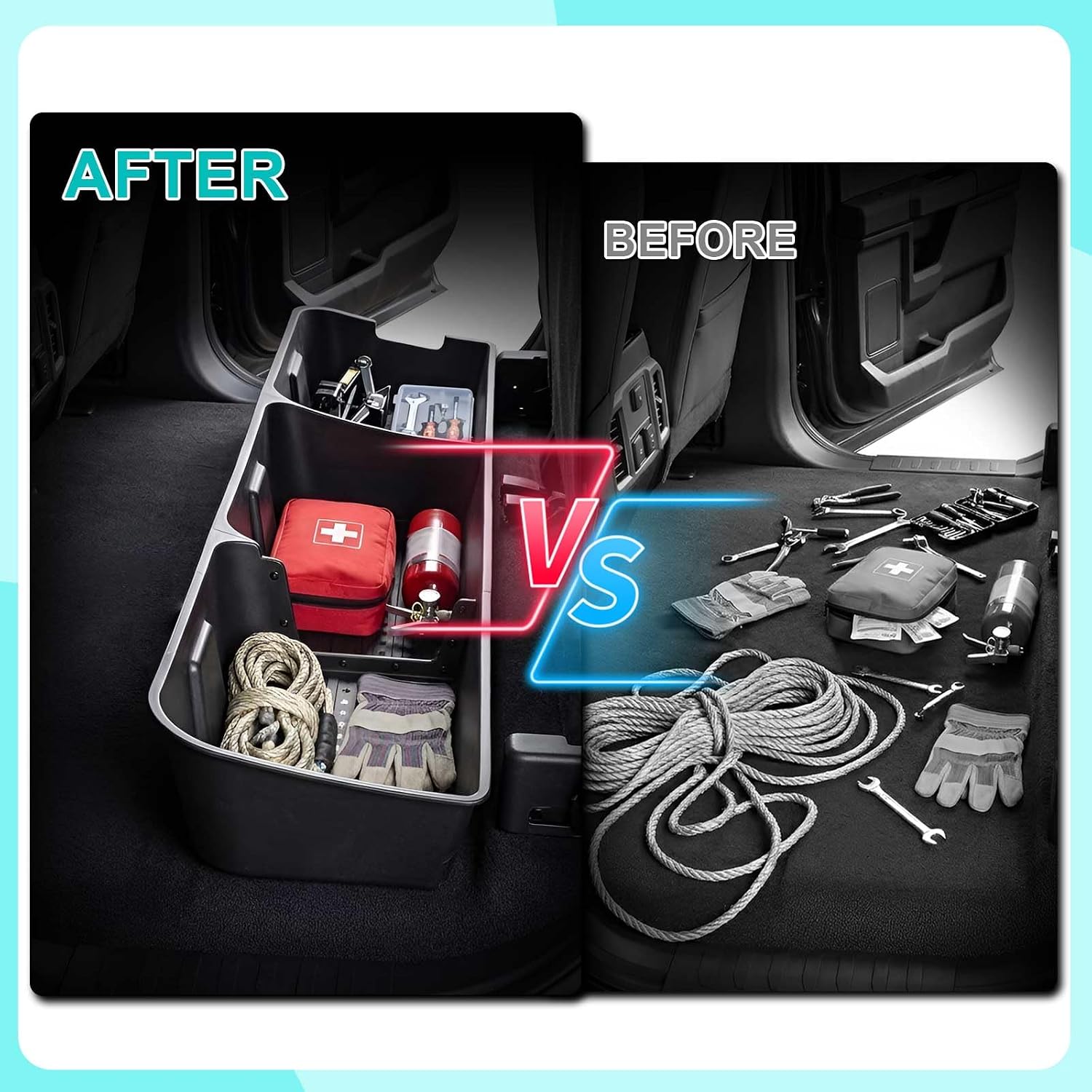 Car Underseat Storage Box Fitment for (2015–2026) F150 SuperCrew/Crew Cab & (2017–2026) F250 F350 F450 F550 Super Duty 4-Door Full-Size Pickups