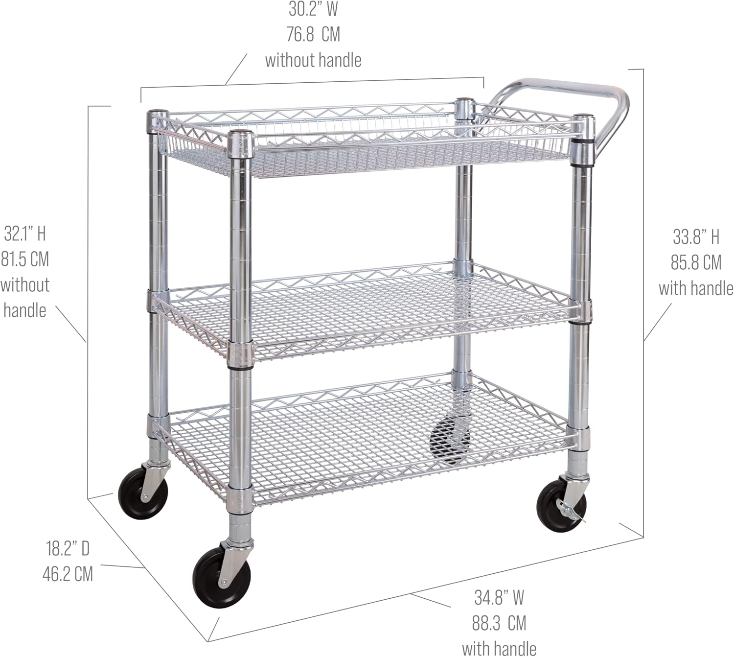 Seville Classics UltraDurable NSF Commercial Heavy Duty Metal Rolling Utility Cart, w/ Steel Shelves, Handle Bar for Restaurant, Garage, Warehouse, Kitchen, Office, Top Shelf (36"W x 18"D)