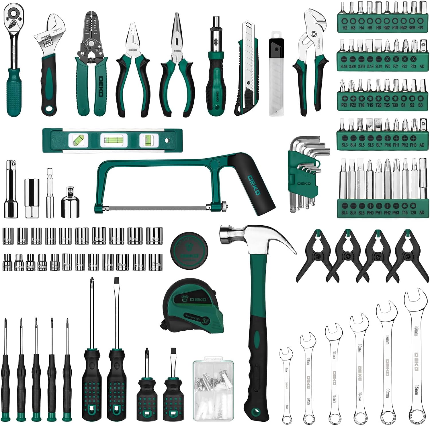 DEKOPRO 228 Piece Socket Wrench Auto Repair Tool Combination Package Mixed Tool Set Hand Tool Kit with Plastic Toolbox Storage Case