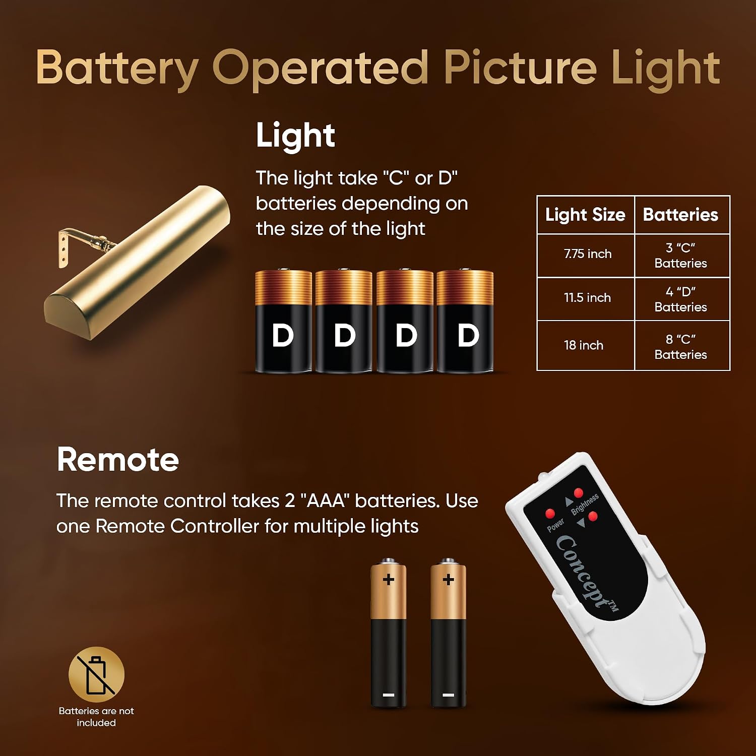 Concept Lighting 102L Cordless Remote Control LED Picture Light- 11 1/2 inch Antique Brass With Silver Undertones