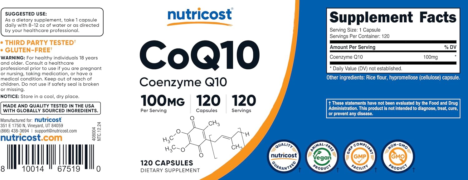 Nutricost CoQ10 100mg, 120 Vegetarian Capsules, 120 Servings, GMO-Free | High Absorption Coenzyme Q10