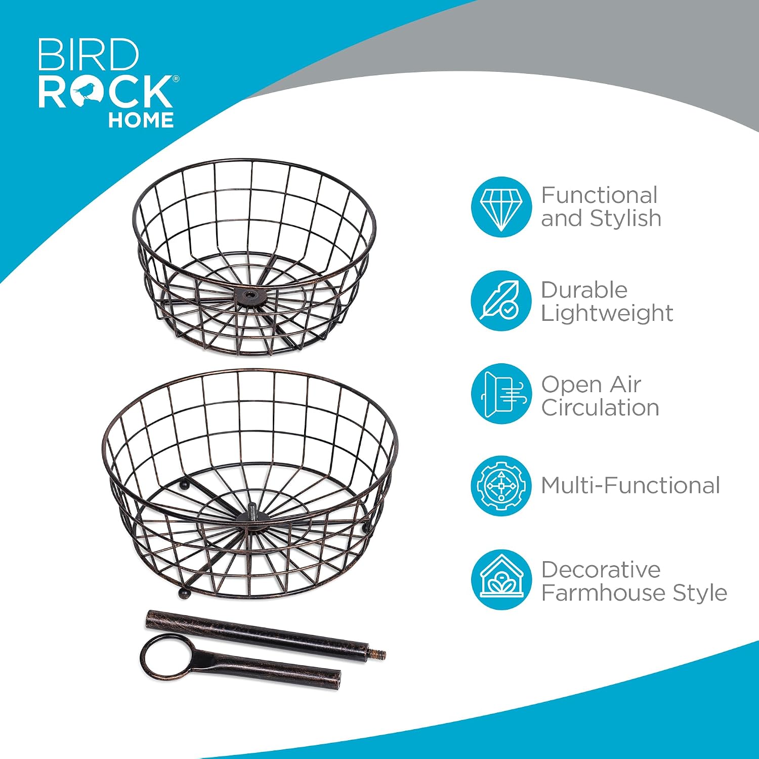 BIRDROCK HOME 3 Tier Wire Fruit Basket | Round Metal Standing Baskets | Fruit Vegetable Garlic Caddy | Freestanding Rustic Decorative Basket