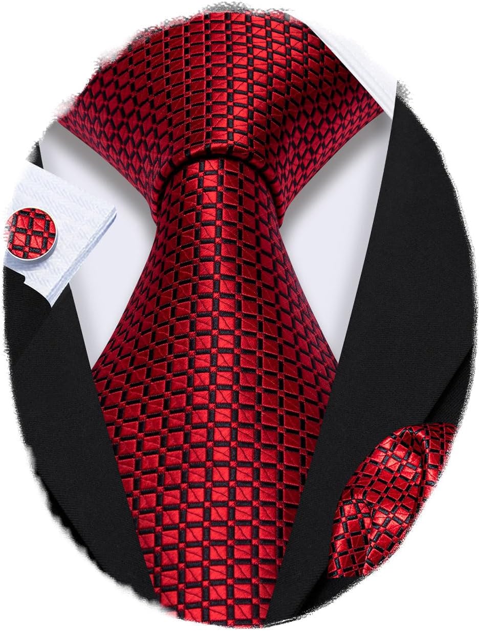 Barry.Wang Plaid Ties for Men Silk Necktie Handkerchief Cuff Links Set