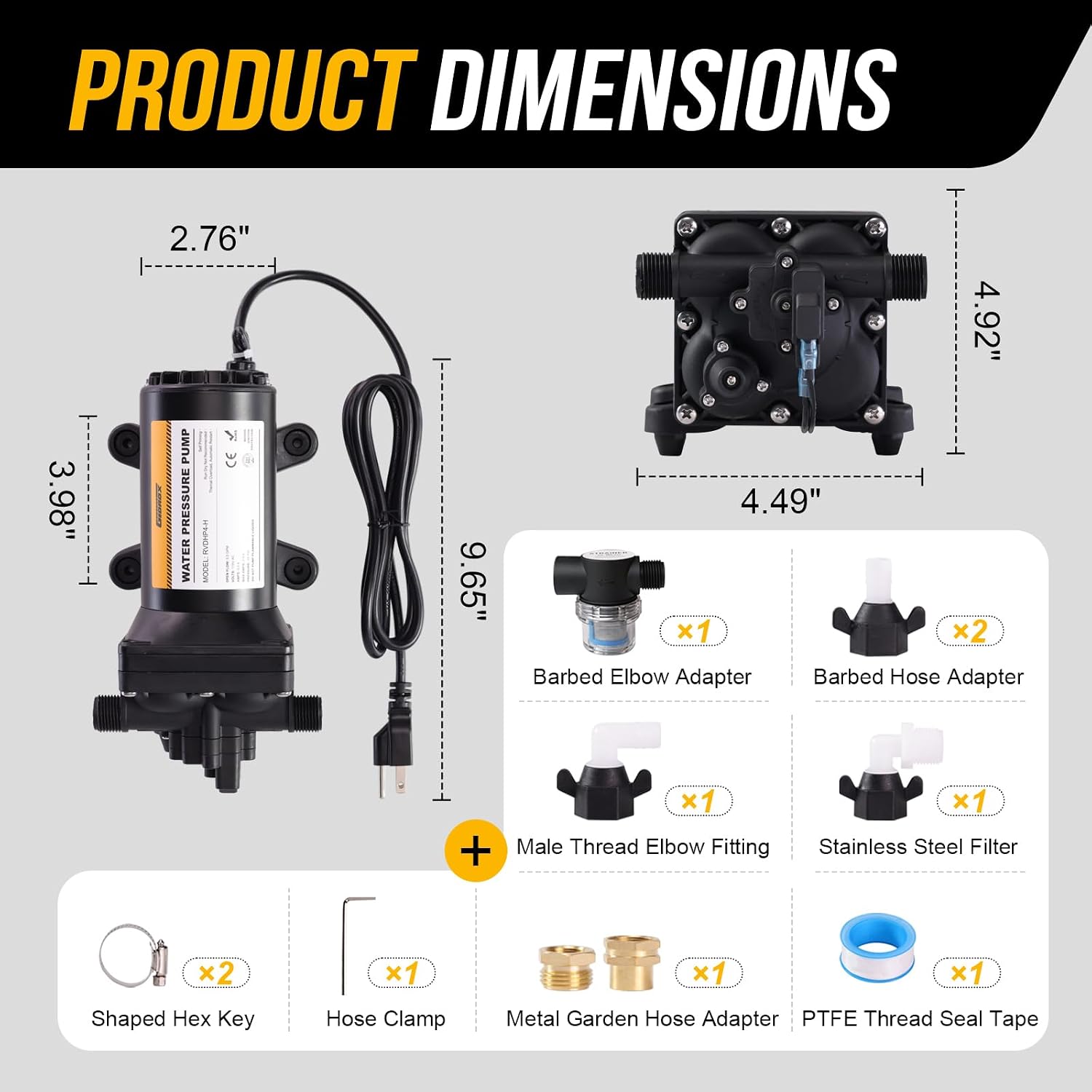 12V RV Water Pump, 5.0 GPM 55 PSI Diaphragm Pump, 20Volt Quiet Fresh Water Pump with Pressure Switch, Self Priming Pressure Pumps for RV Camper Boat Marine Food Truck, Dark Grey
