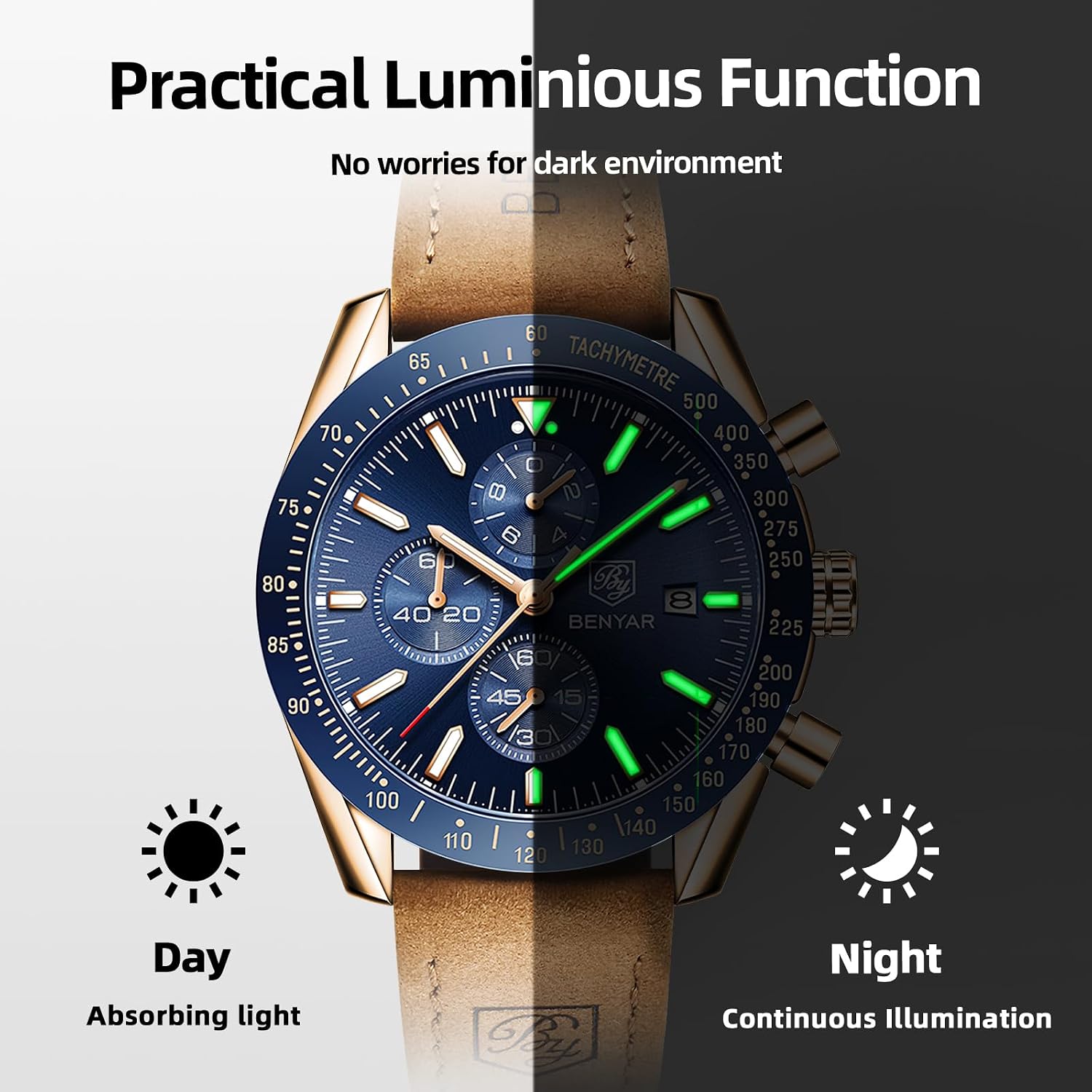 BENYAR Watch for Men Analog Quartz Chronograph Waterproof Luminous Designer Mens Wrist Watches Business Work Sport Casual Dress Watch with Silicone Strap Elegant Gifts for Men