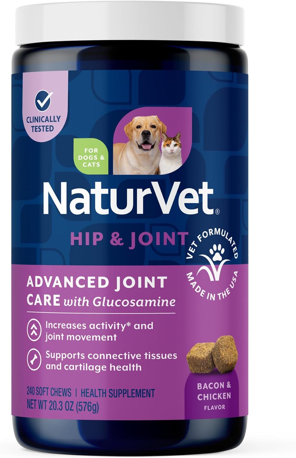 NaturVet – Glucosamine DS Plus - Level 2 Moderate Care – Supports Healthy Hip & Joint Function – Enhanced with Glucosamine, MSM & Chondroitin – for Dogs & Cats–70 Soft Chews