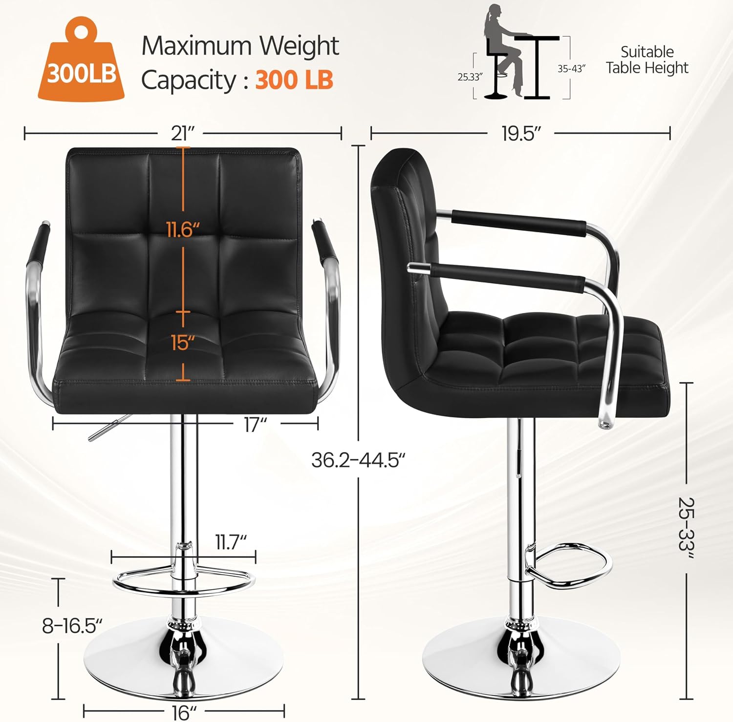 Yaheetech Bar Stools Set of 2, Swivel with Backs, Adjustable Height, White | 360° Swivel Barstools Feature Padded PU Leather Seats, Supportive Backs, 300 lb Capacity for Kitchen Islands