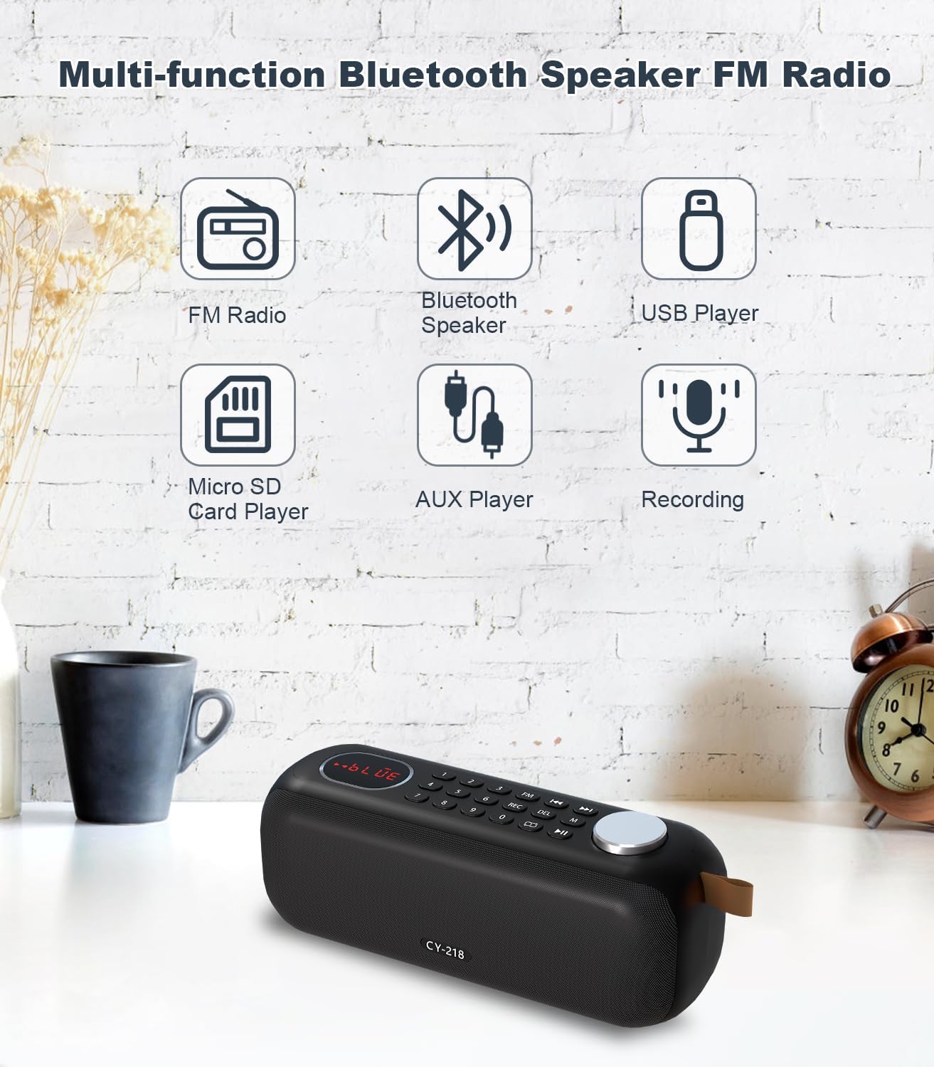 Portable Bluetooth Speaker FM Radio Digital, Support USB/SD Card MP3 Music Player/AUX/REC, Build-in 3000mAh Rechargeable Battery