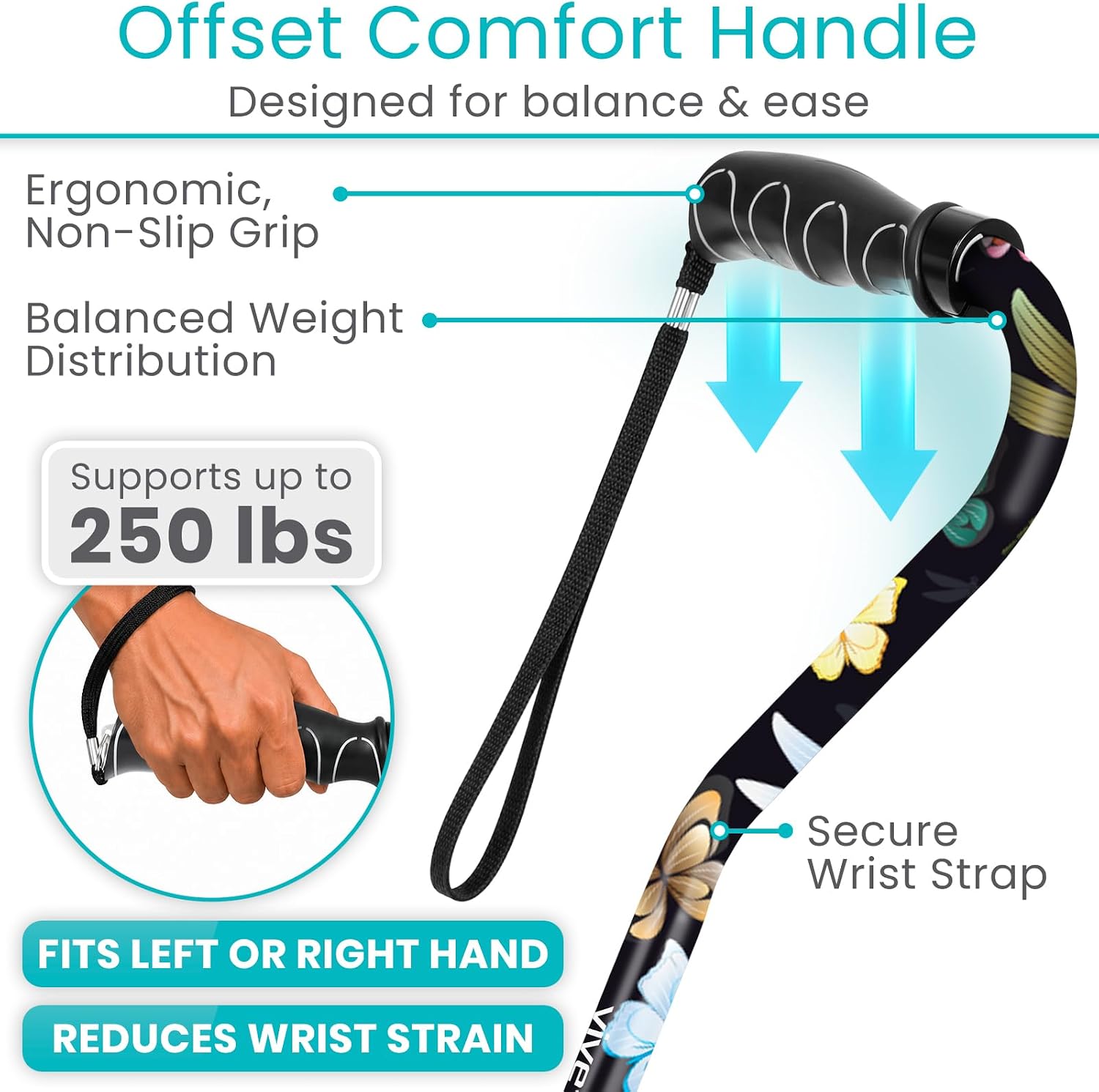 Vive Walking Cane for Women, Men, Elderly - Patented Offset Grip - Lightweight Adjustable Walking Aid with a Non-Slip Tip - Sturdy Balancing Mobility Aid for Seniors