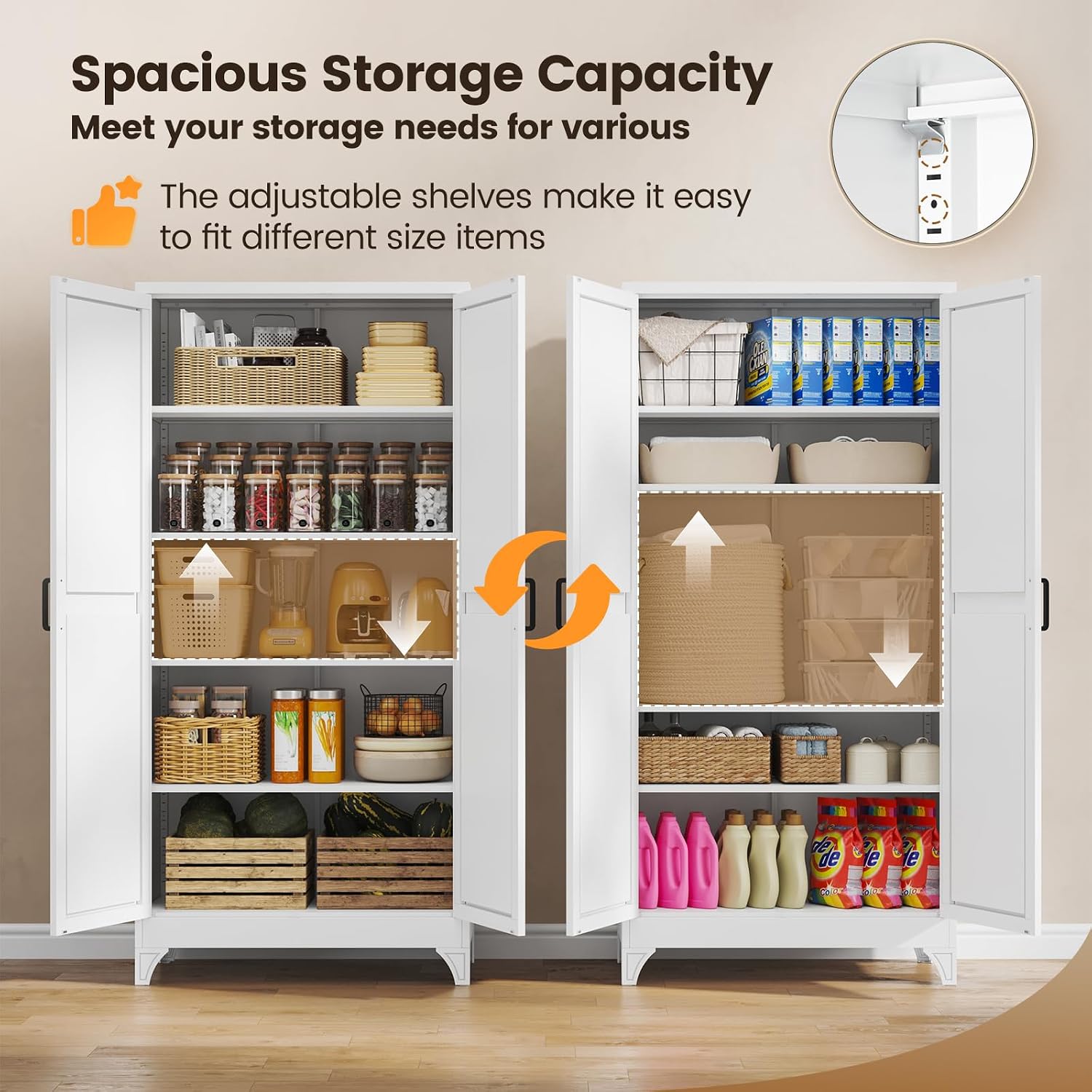 Metal Storage Cabinet with 2 Doors and 4 Adjustable Shelves - 61" White Kitchen Pantry Storage 5-Tier Tall Steel Cabinets Locker for Kitchen, Living Room, Dining Room
