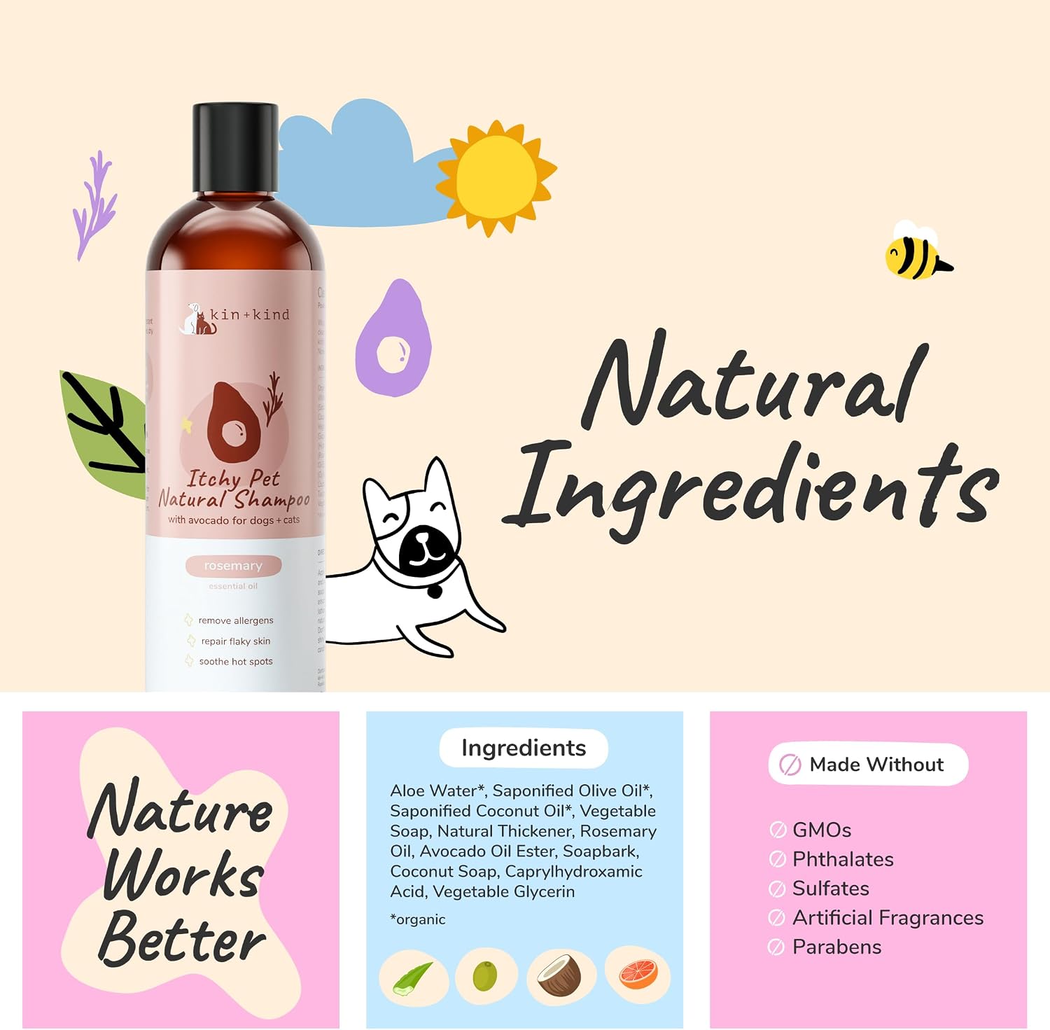kin+kind Dry Skin + Coat Natural Dog Shampoo - for Dry Skin & Coat - Argan Oil Moisturizing Clean - Cedarwood Fragrance - 12 fl oz