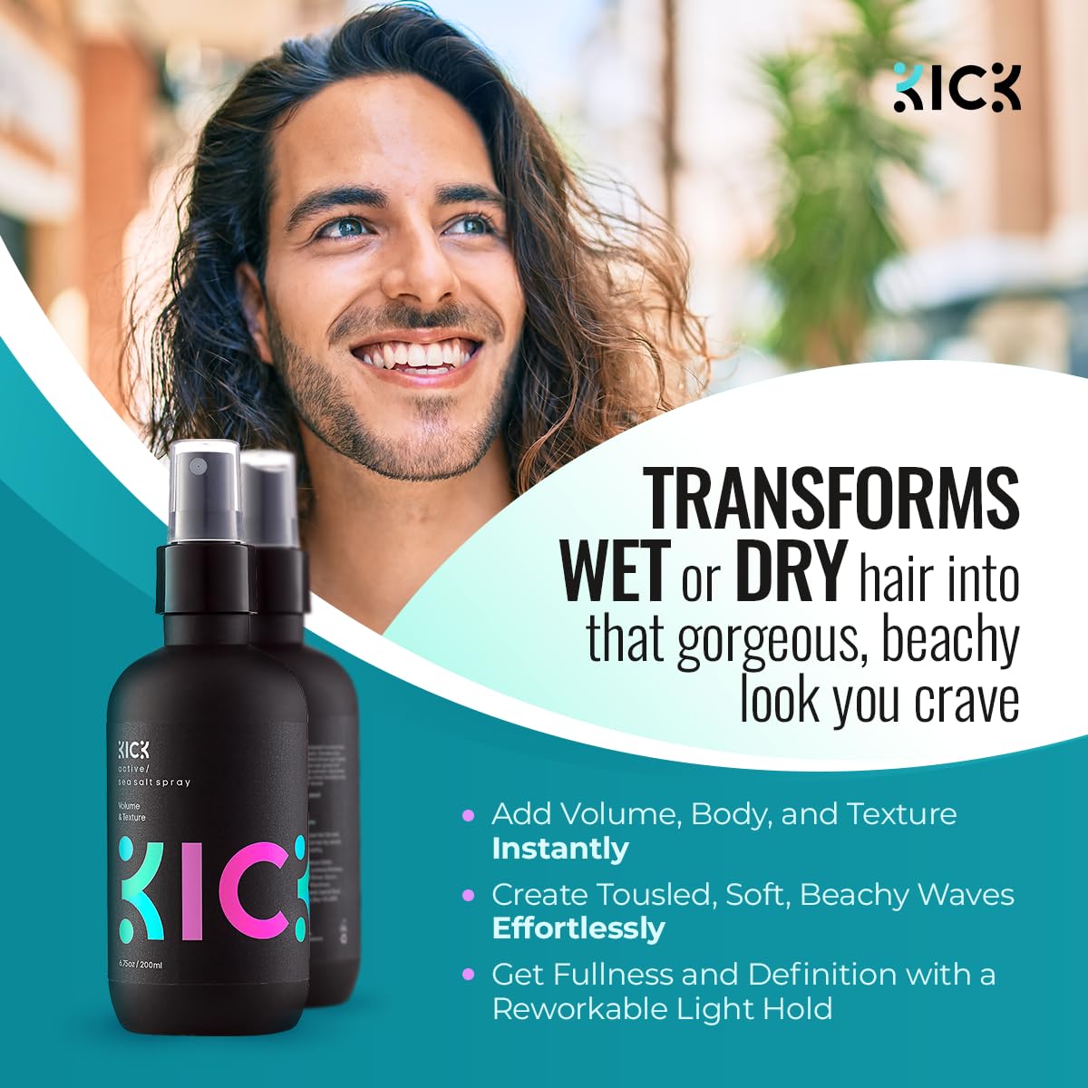 Kick Sea Salt Spray for Men - Texturizing Hair Spray - Beach Waves & Volume | Salt Water Formula for a Surfer Hair Style - Natural Texture & Tousled