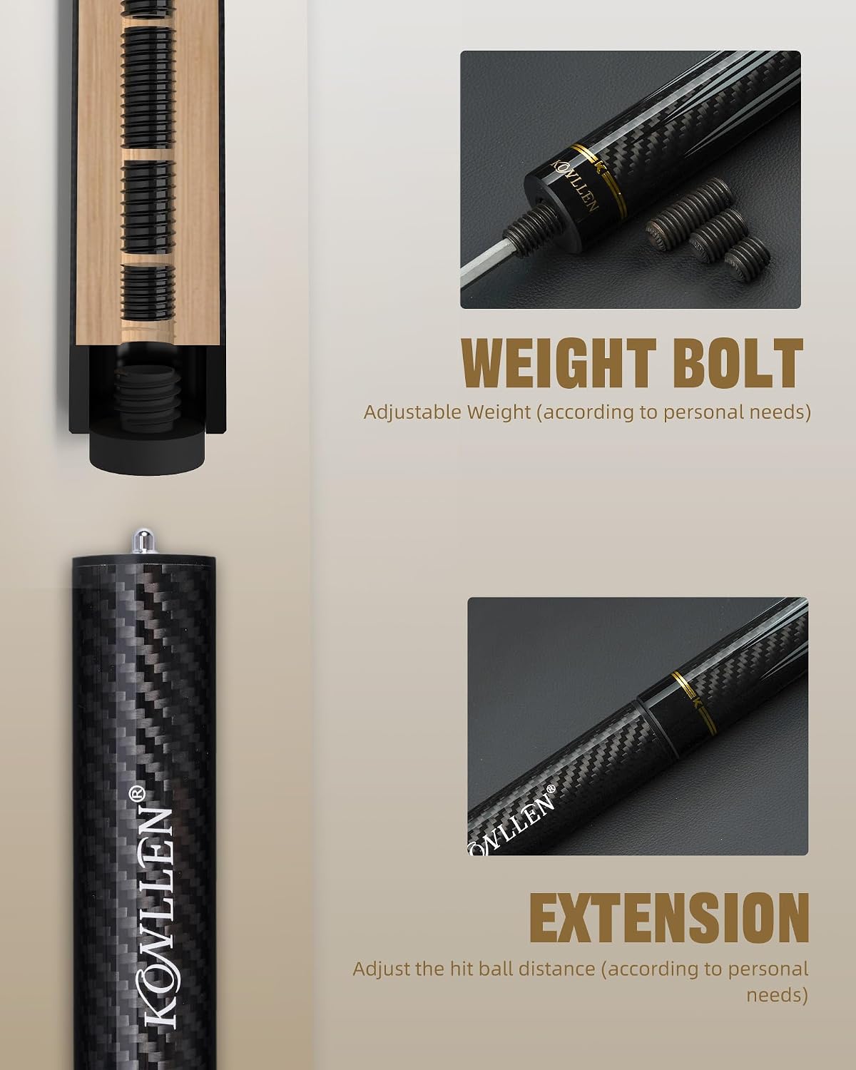 KONLLEN Carbon Fiber Pool Cue Stick 58-inch Professional Pool Sticks for Adults Full Carbon Technology Low Deflection Pool Cue Billiard Cues with 12.5mm Tip (Easy to Control, Pro Taper, Ultra-Smooth)