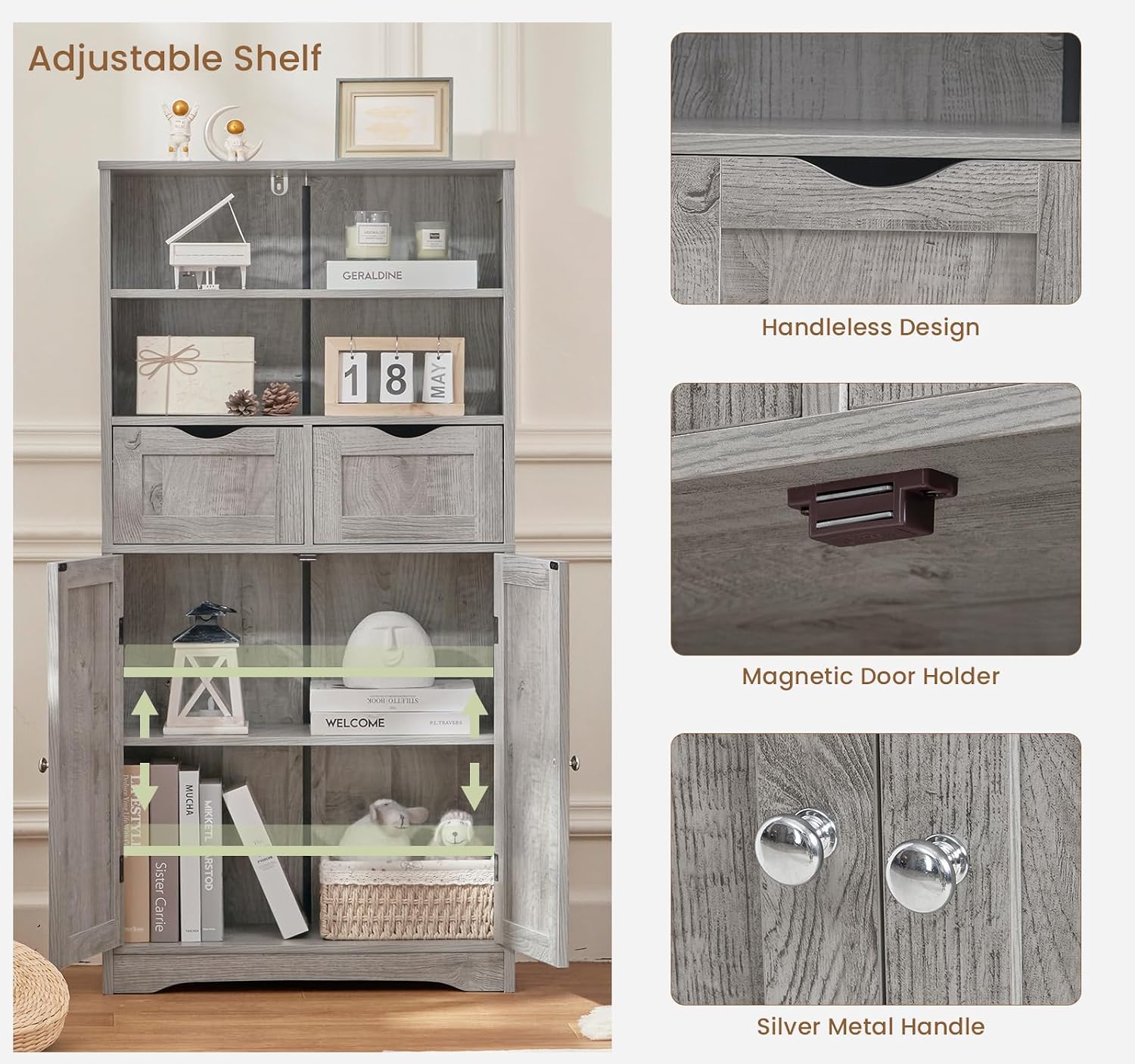 Iwell Storage Cabinet with 2 Drawers & Adjustable Shelves, Cupboard, Floor Cabinet for Living Room, Home Office, Rustic Brown