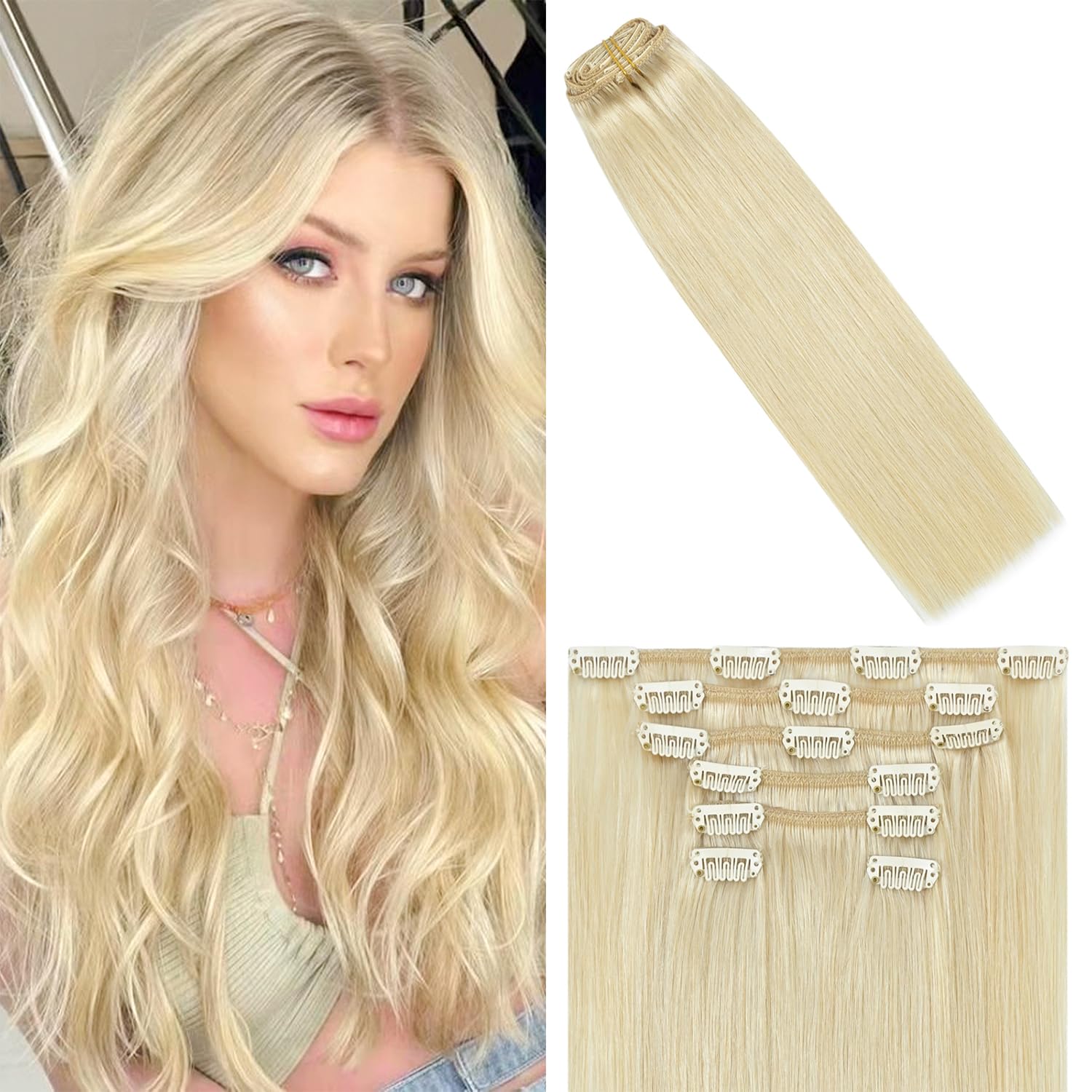 WindTouch Clip In Hair Extensions Human Hair Mixed Bleach Blonde 18Inch 75g Hair Extensions for Women Remy Blonde Extensions Clip in #18p613 7PCS