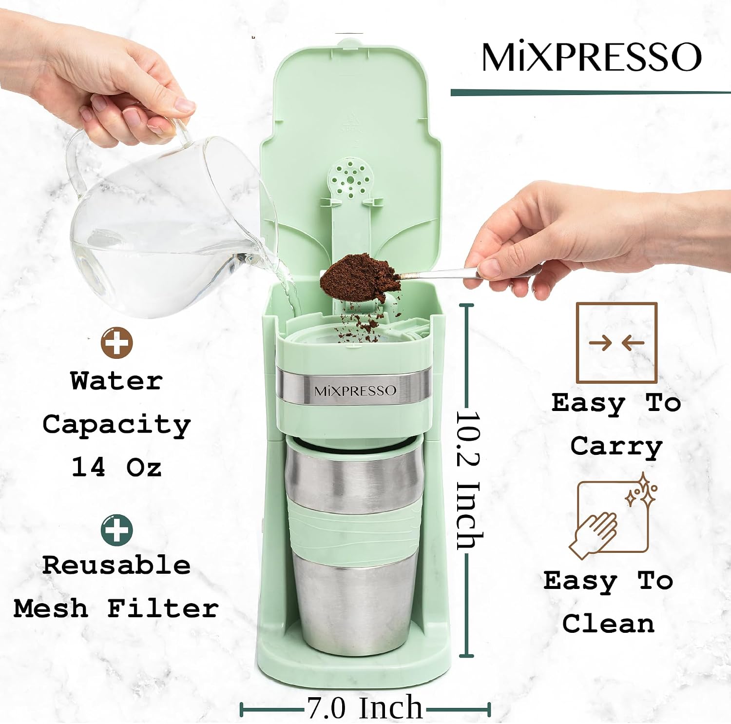Mixpresso Single Serve & Single Cup Coffee Maker with 14oz Travel Mug Black | For ground coffee only, reusable filter, auto shut off. Compact personal drip coffee maker, not compatible with K-Cup pods.