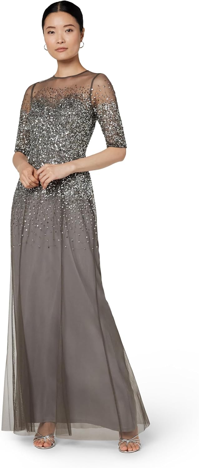 Adrianna Papell Women's Beaded Illusion Dress | Long Sequin Evening Dress with Fitted Bodice & Tulle Skirt Overlay