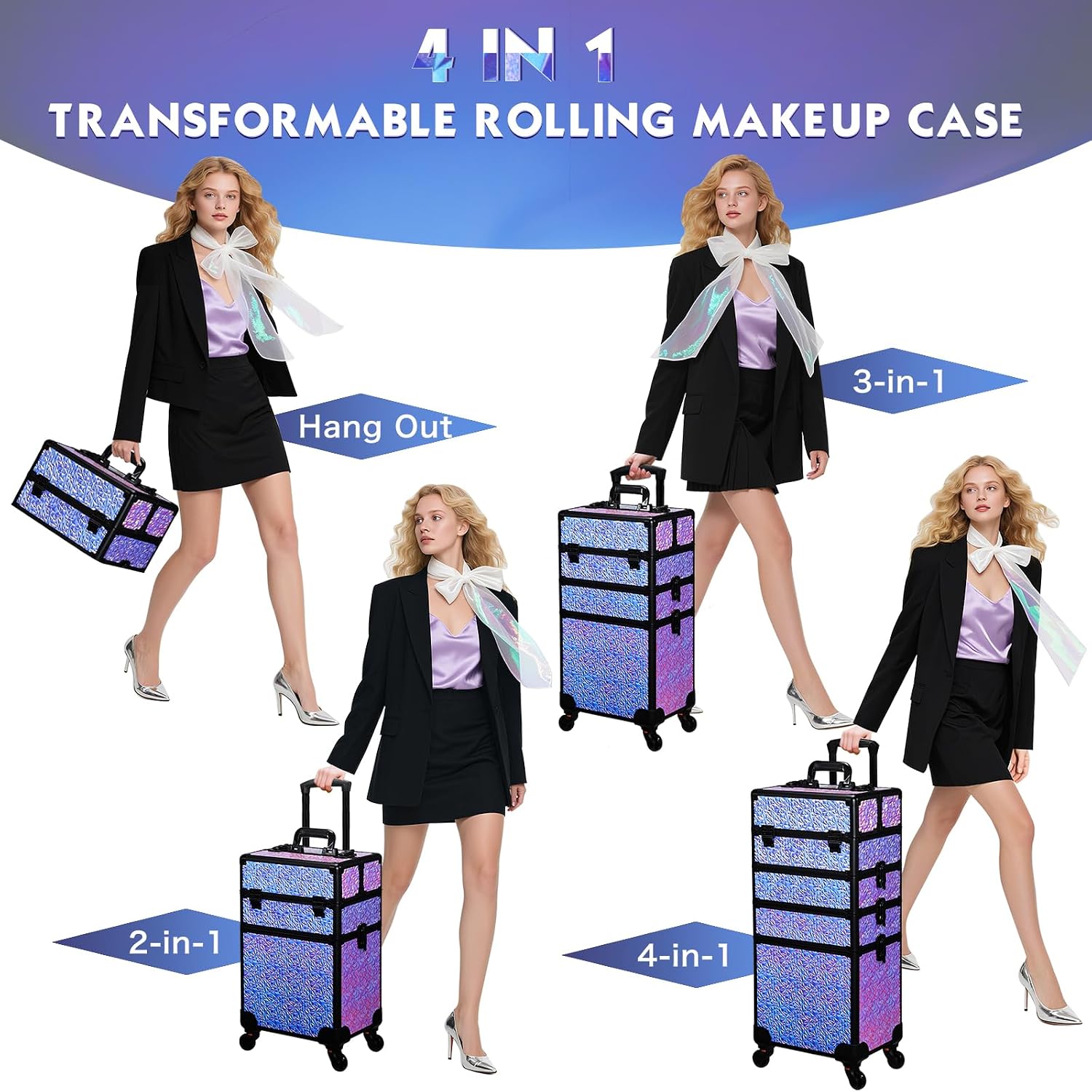 Stagiant Rolling Makeup Case Cosmetology Case on Wheels 4 in 1 Large Cosmetic Organizer Train Case Makeup Travel Case with Key Swivel Wheels Nail