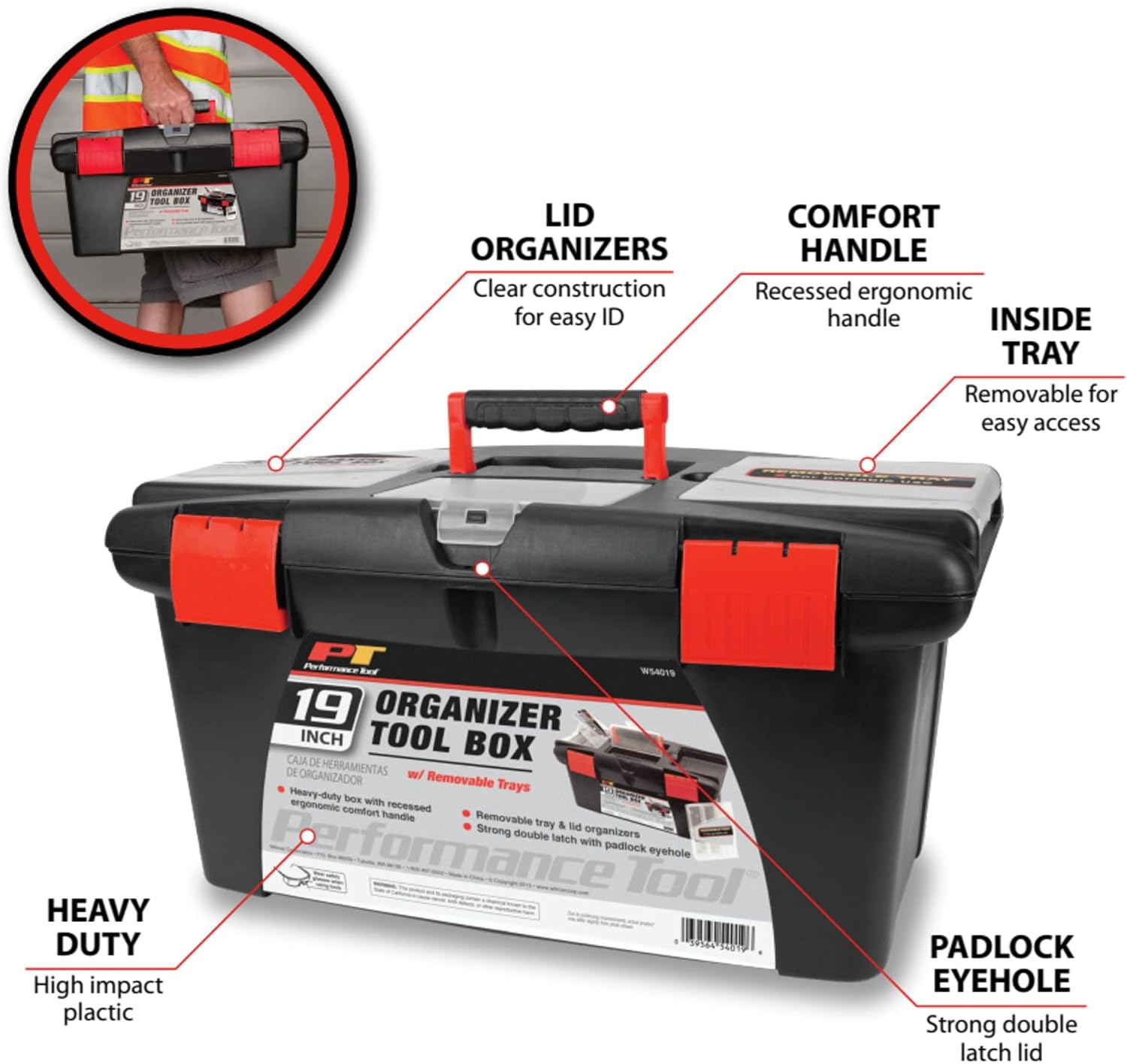 Performance Tool W54026 26 in. Steel Tool Box with Removable Tote | Heavy duty steel storage box and organizer. Recessed ergonomic comfort handle. Strong double latch with padlock eyehole