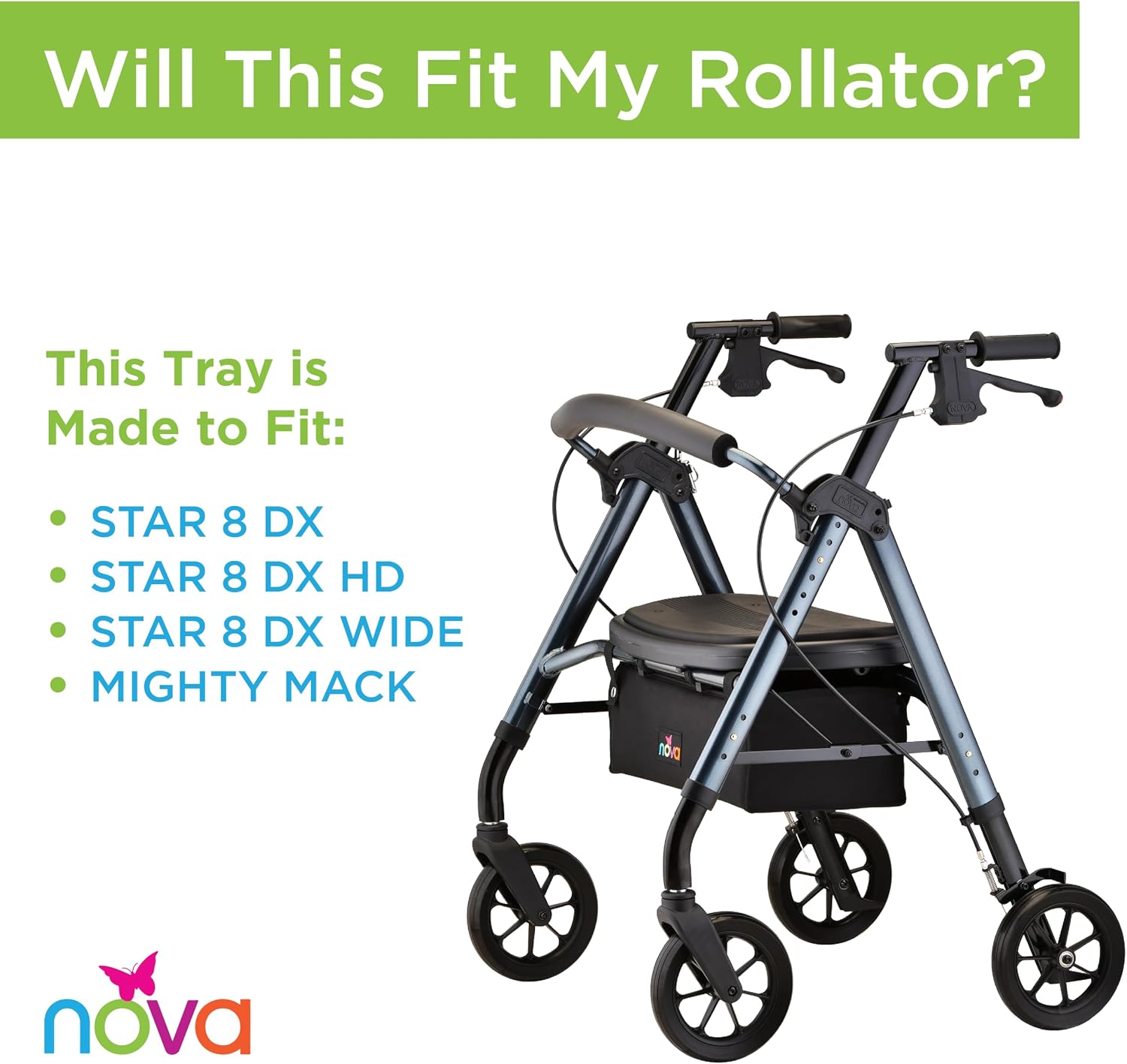 NOVA Rollator & Walker Tray Table with Side Carry Handles - Lightweight Accessory Tray for Mighty Mack, Star DX Rollators and Cruiser, Mack Walkers