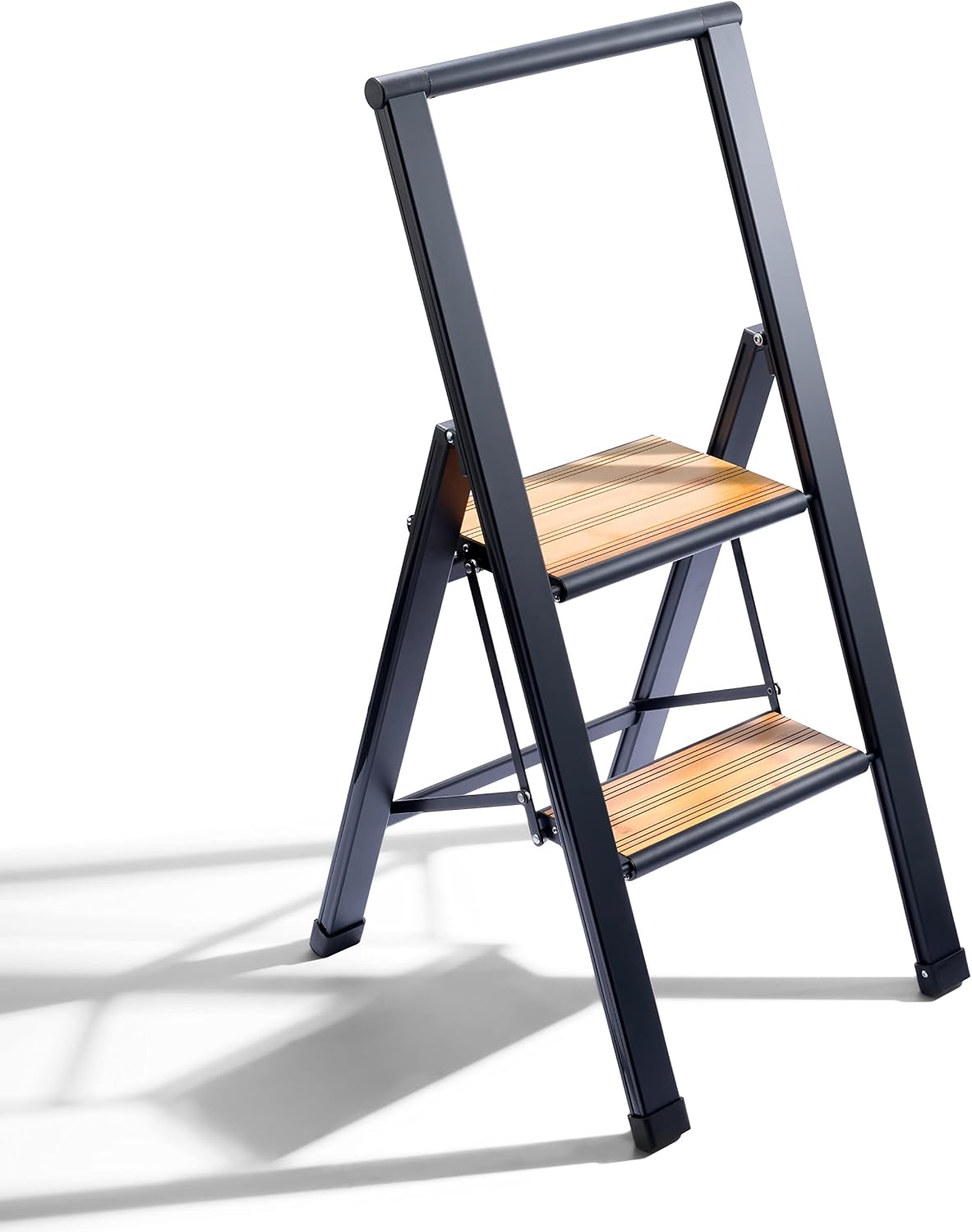 Step Ladder 2 Step Folding, Decorative - Beautiful Bamboo & Silver Aluminum, Ultra Slim Profile, Anti Slip Steps, Sturdy-Portable for Home, Office