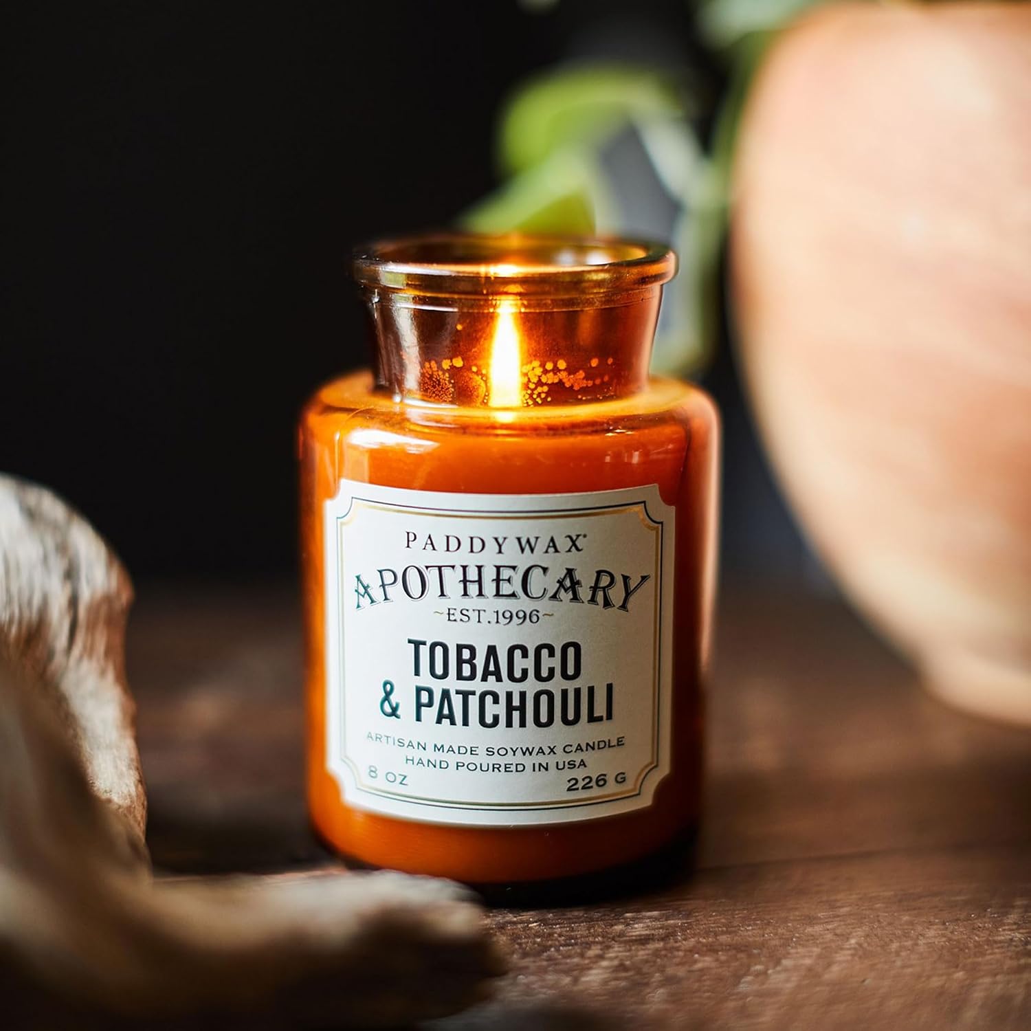 Paddywax Artisan Apothecary Scented Candle, Tobacco & Patchouli, 8 oz | With Lid, Reusable Glass Jar, Clean Burning Soy Candle, Approx. 54 Hour Burn Time