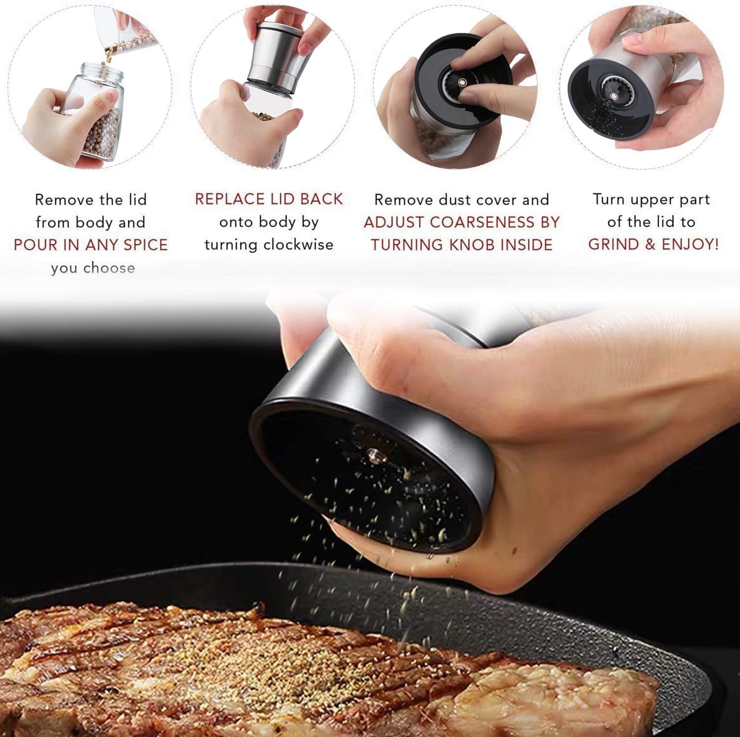 LessMo Salt and Pepper Grinder Set with Wooden Standing Tray